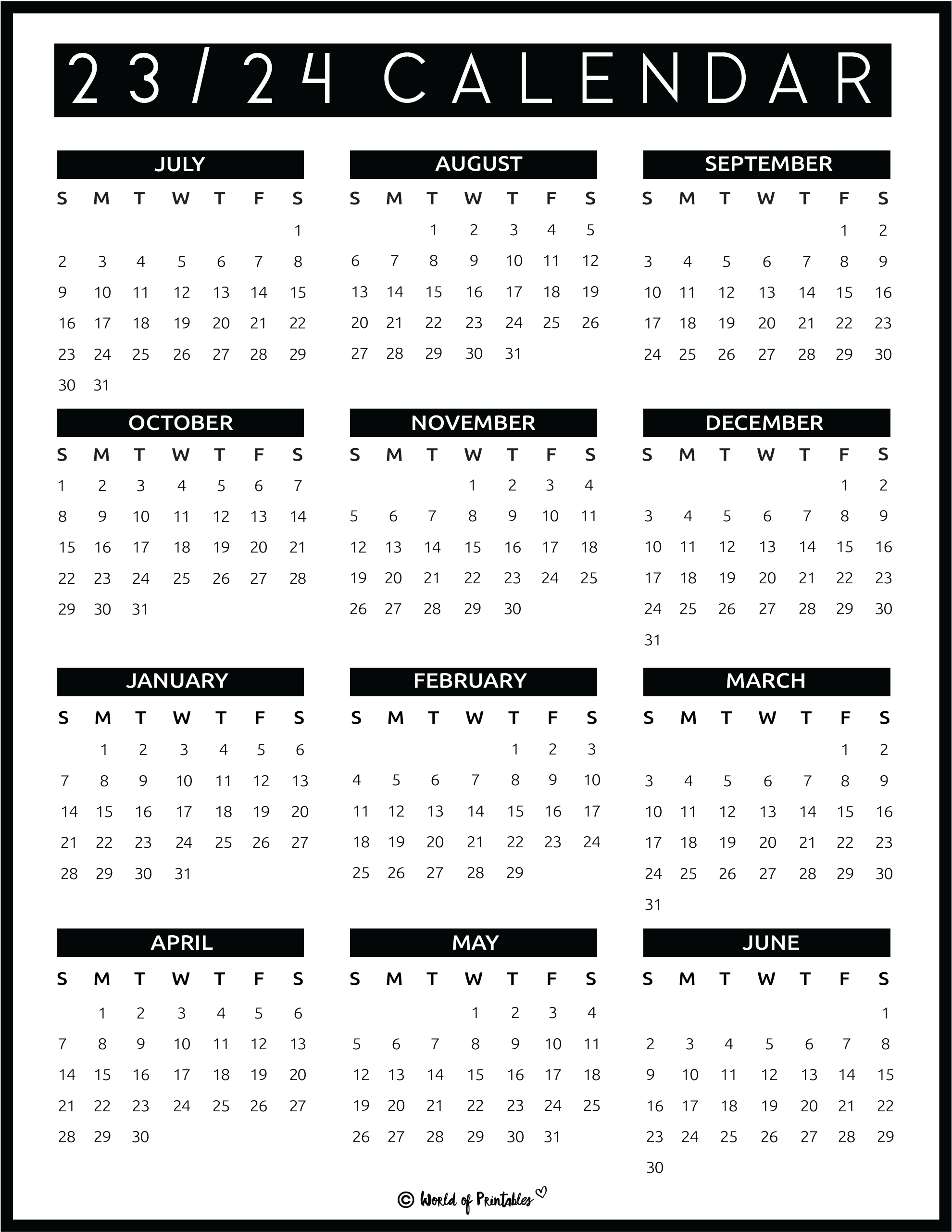 2023 2024 Calendar Free Printables - World Of Printables for 2023 And 2024 School Calendar Printable
