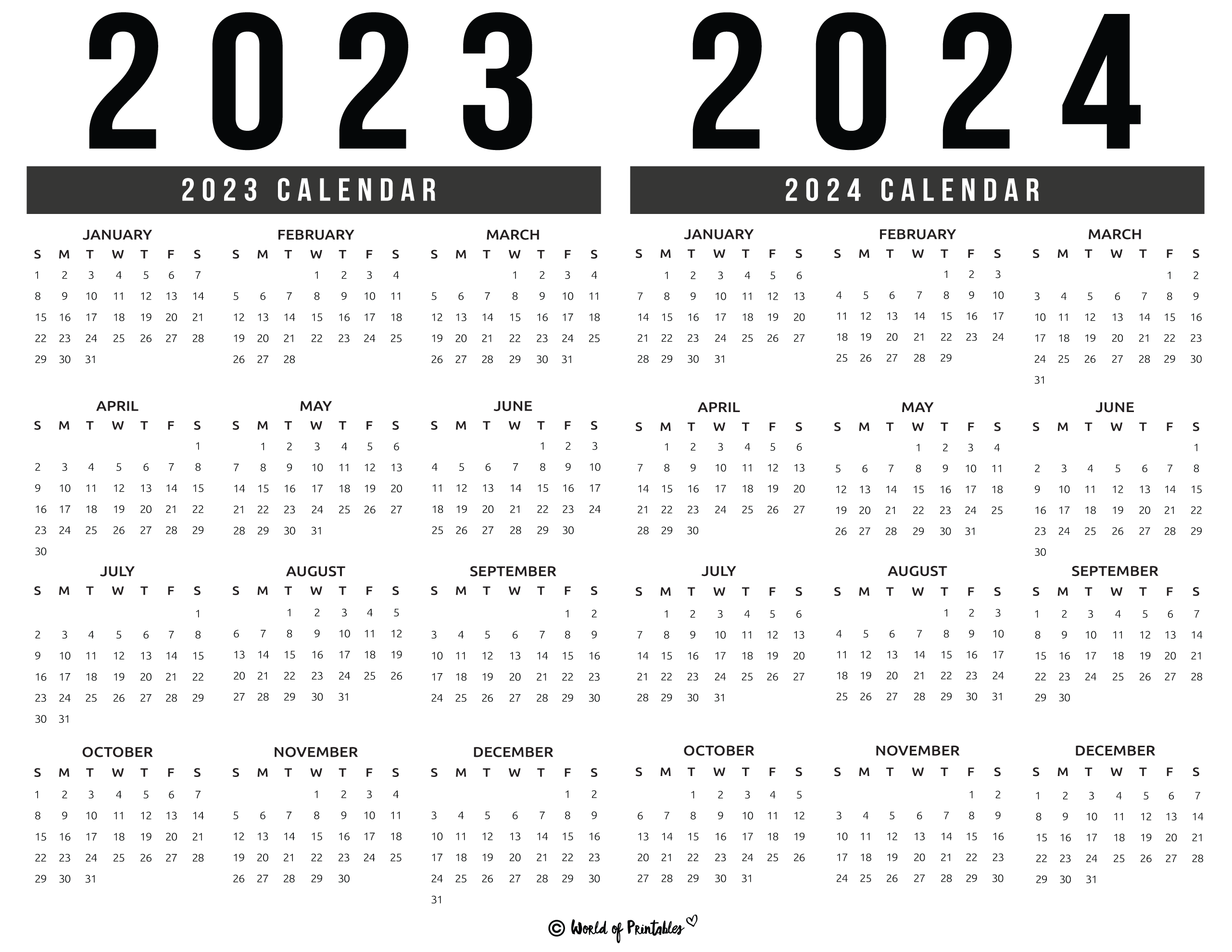 2023 2024 Calendar Free Printables - World Of Printables for 2023 Calendar 2024 Printable