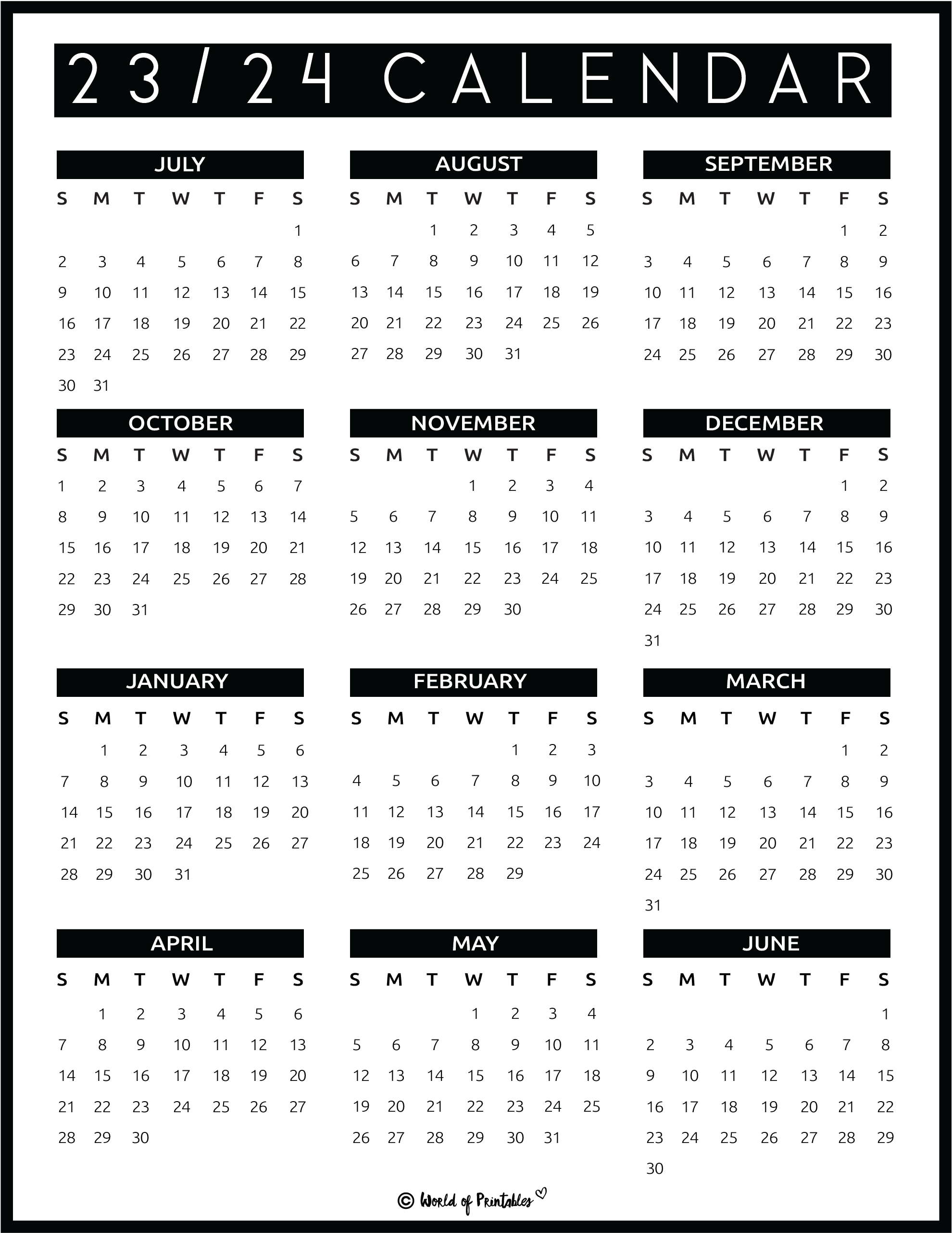 2023 2024 Calendar Free Printables - World Of Printables for 2023 Calendar 2024 Printable