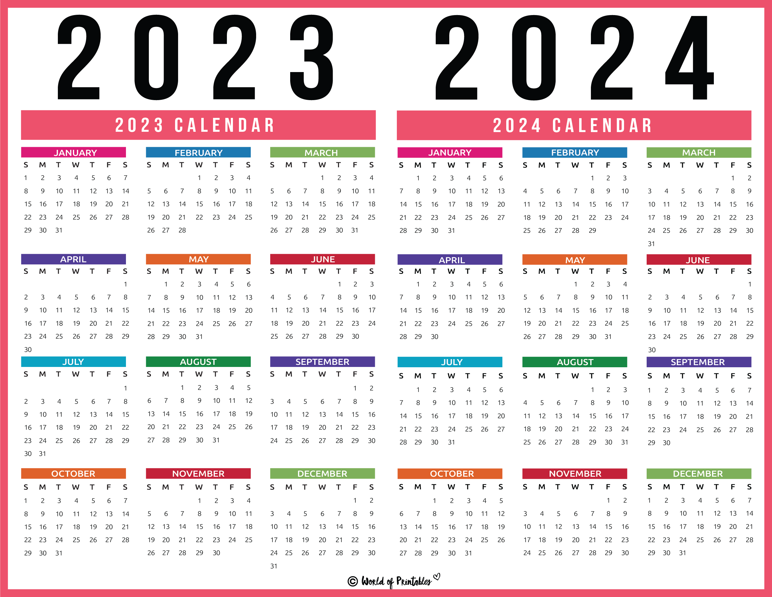 2023 2024 Calendar Free Printables - World Of Printables for 2024 Calendar Printable Color