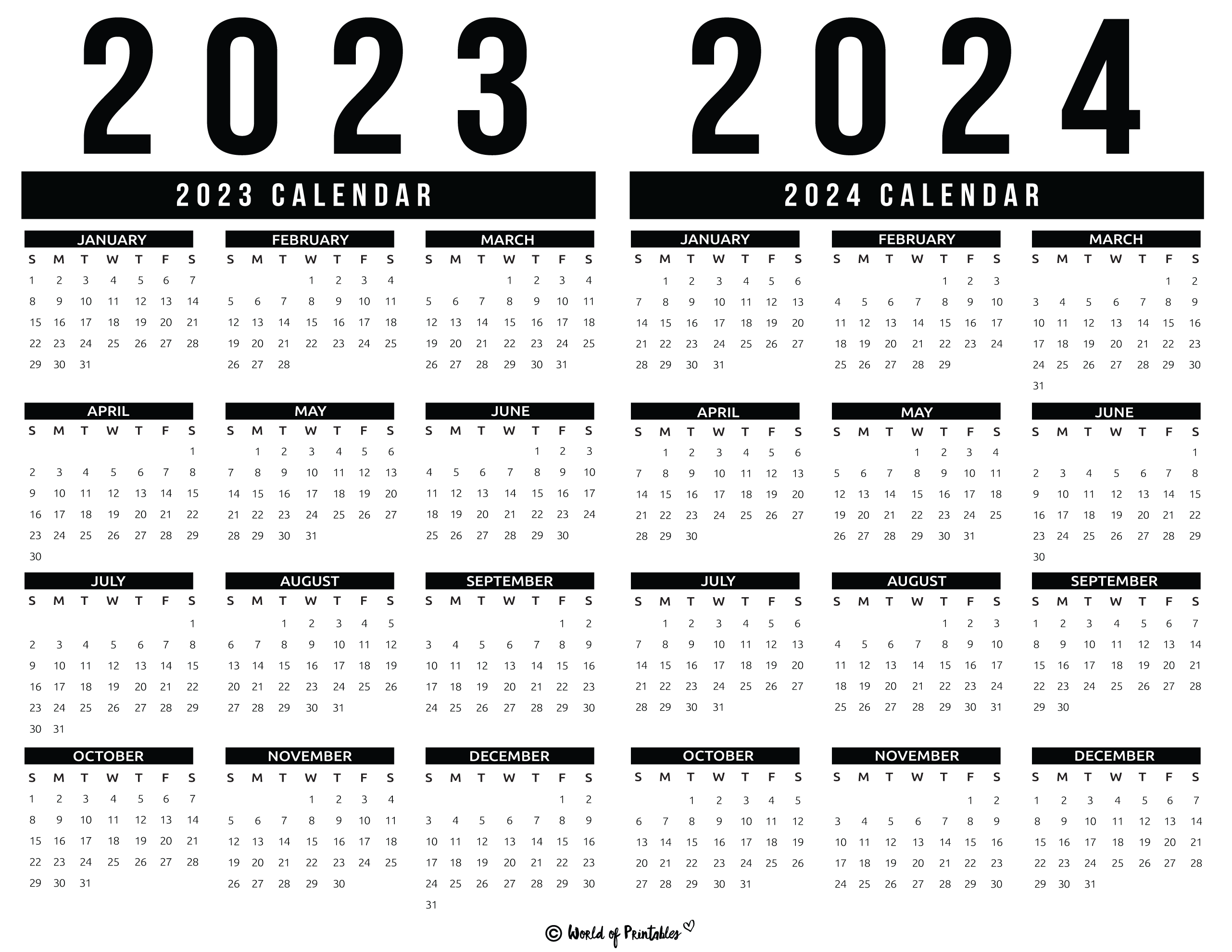 2023 2024 Calendar Free Printables - World Of Printables for 2024 Small Calendar Printable