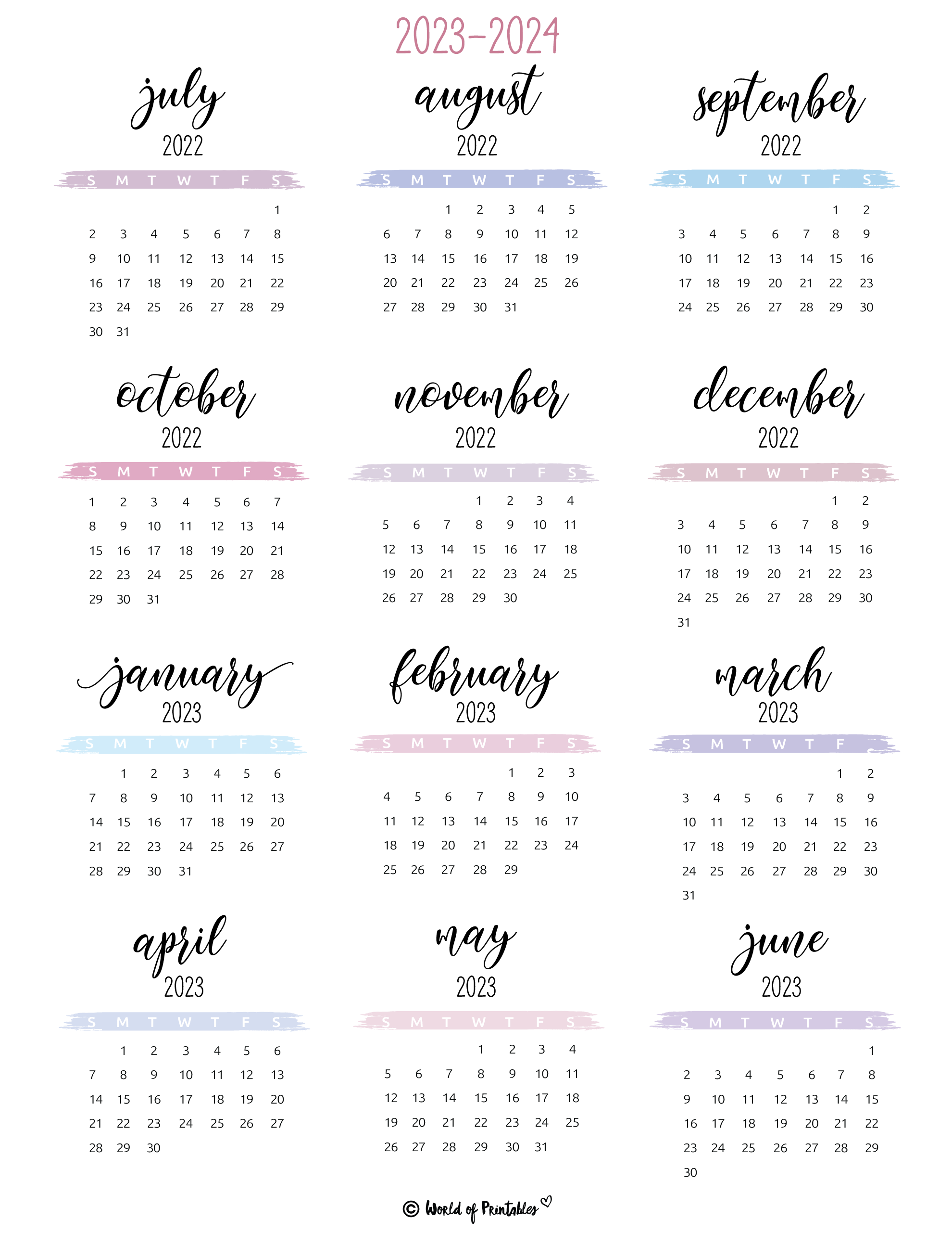 2023 2024 Calendar Free Printables - World Of Printables for Mini Calendar 2024 Printable