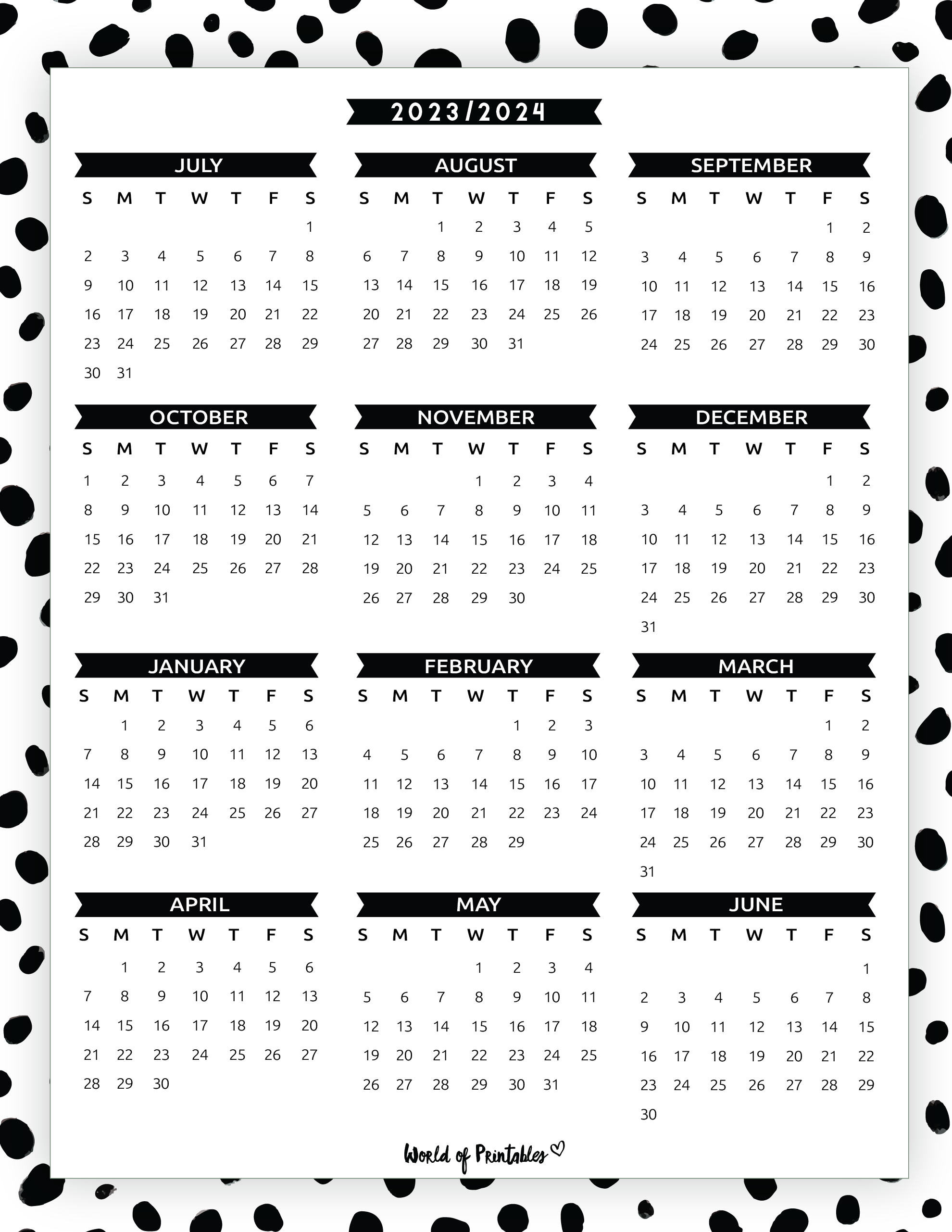 2023 2024 Calendar Free Printables - World Of Printables for Printable Calendar 2024 Black And White