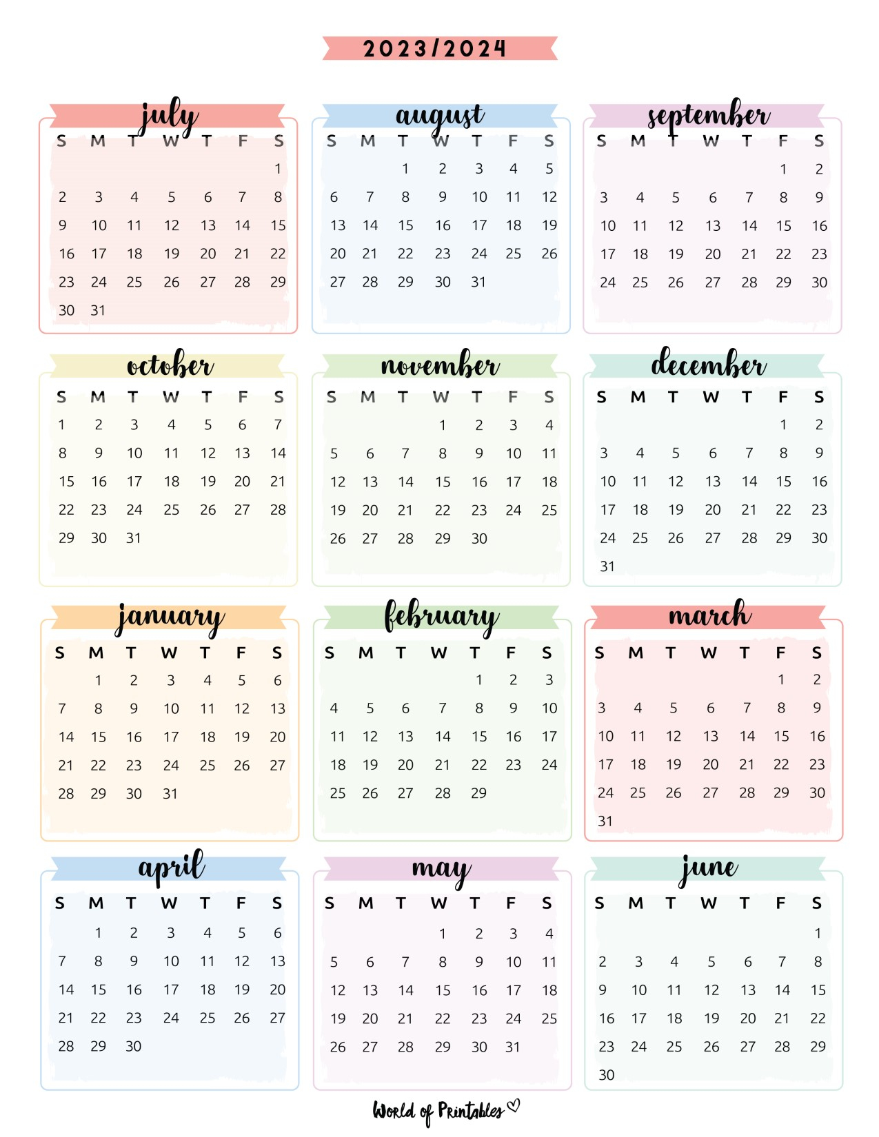 2023 2024 Calendar Free Printables - World Of Printables for Summer Calendar 2024 Printable