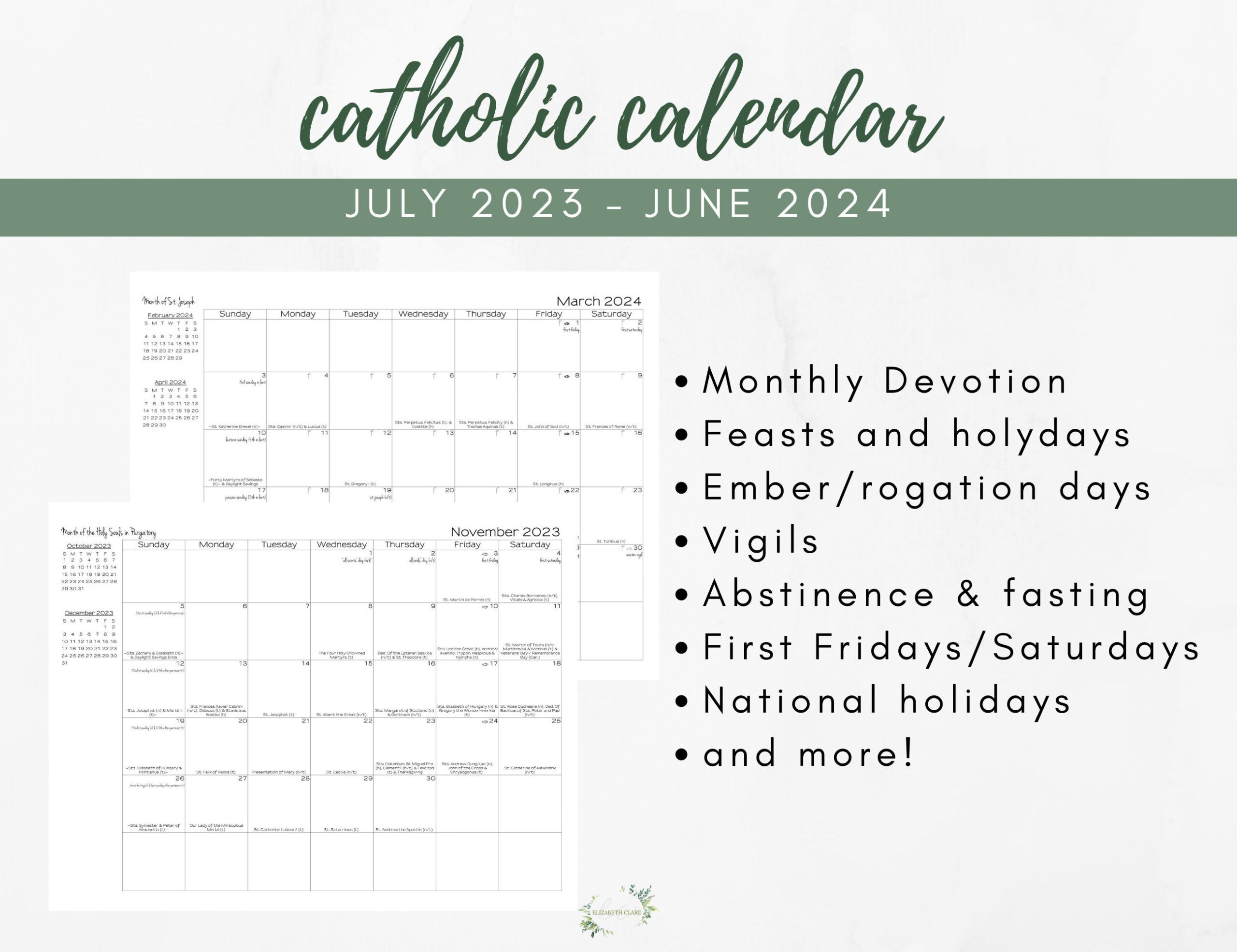 2023 2024 Catholic Calendar Printable: Monthly One Page - Etsy Finland for Catholic Calendar 2024 Printable