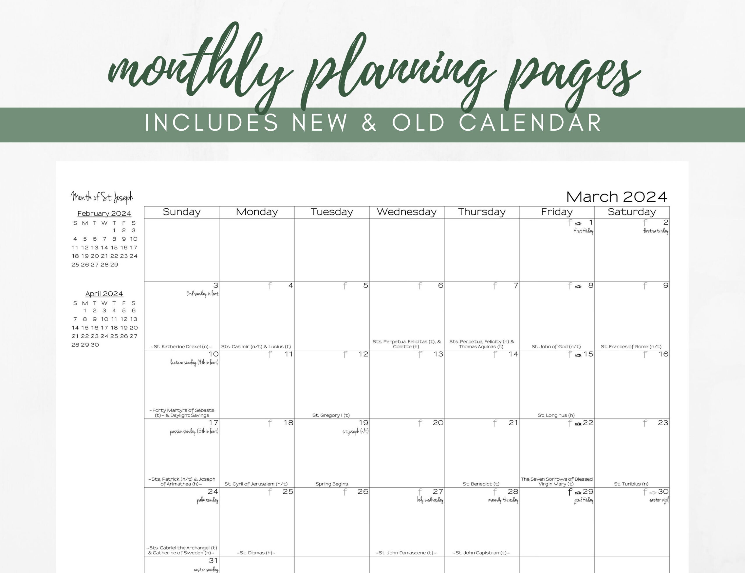 2023 2024 Catholic Calendar Printable: Monthly One Page - Etsy for Free Printable Catholic Calendar 2024