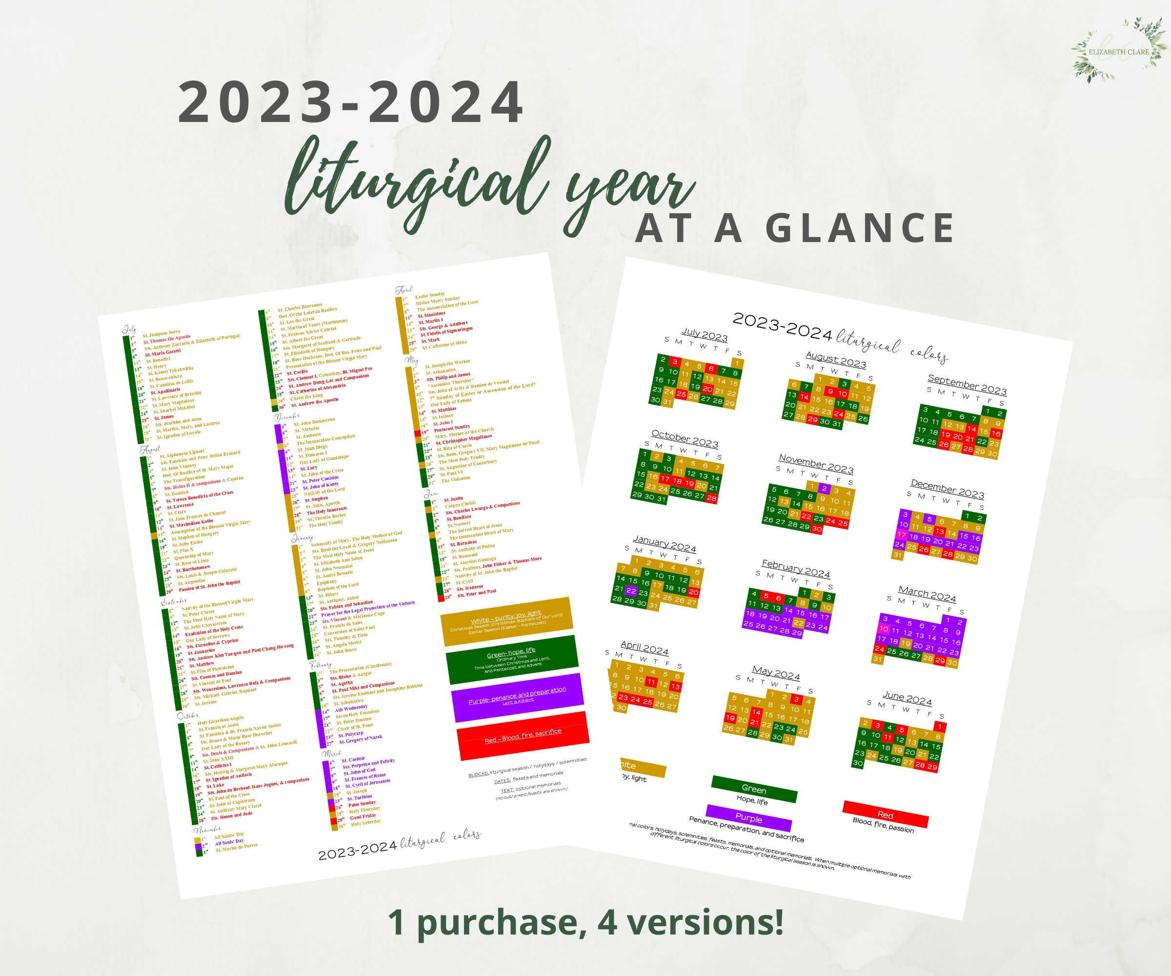 2023-2024 Catholic Liturgical Calendar Year At A Glance: - Etsy for Free Printable Liturgical Calendar 2023-2024