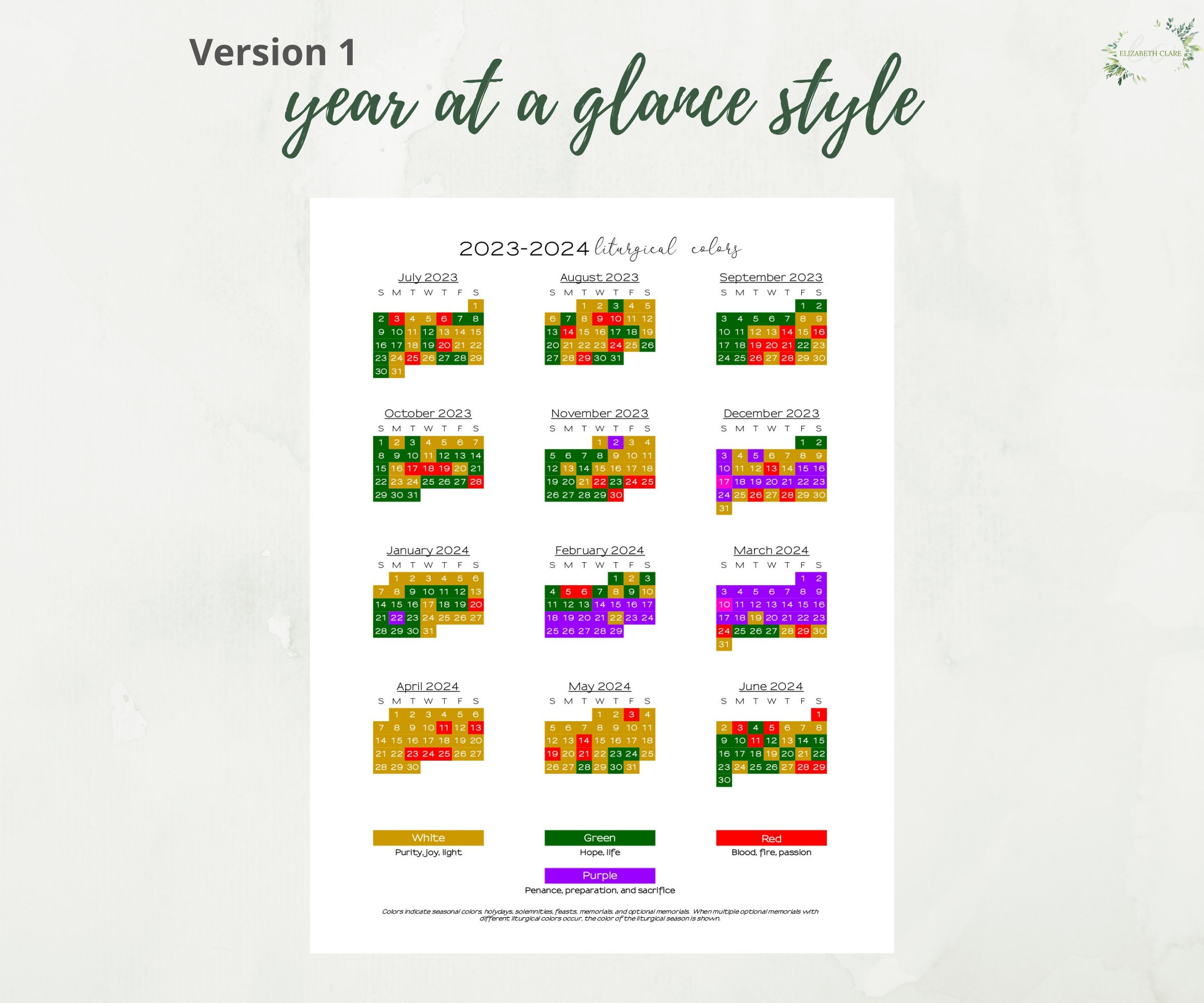 2023-2024 Catholic Liturgical Calendar Year At A Glance: - Etsy for Free Printable Liturgical Calendar 2024