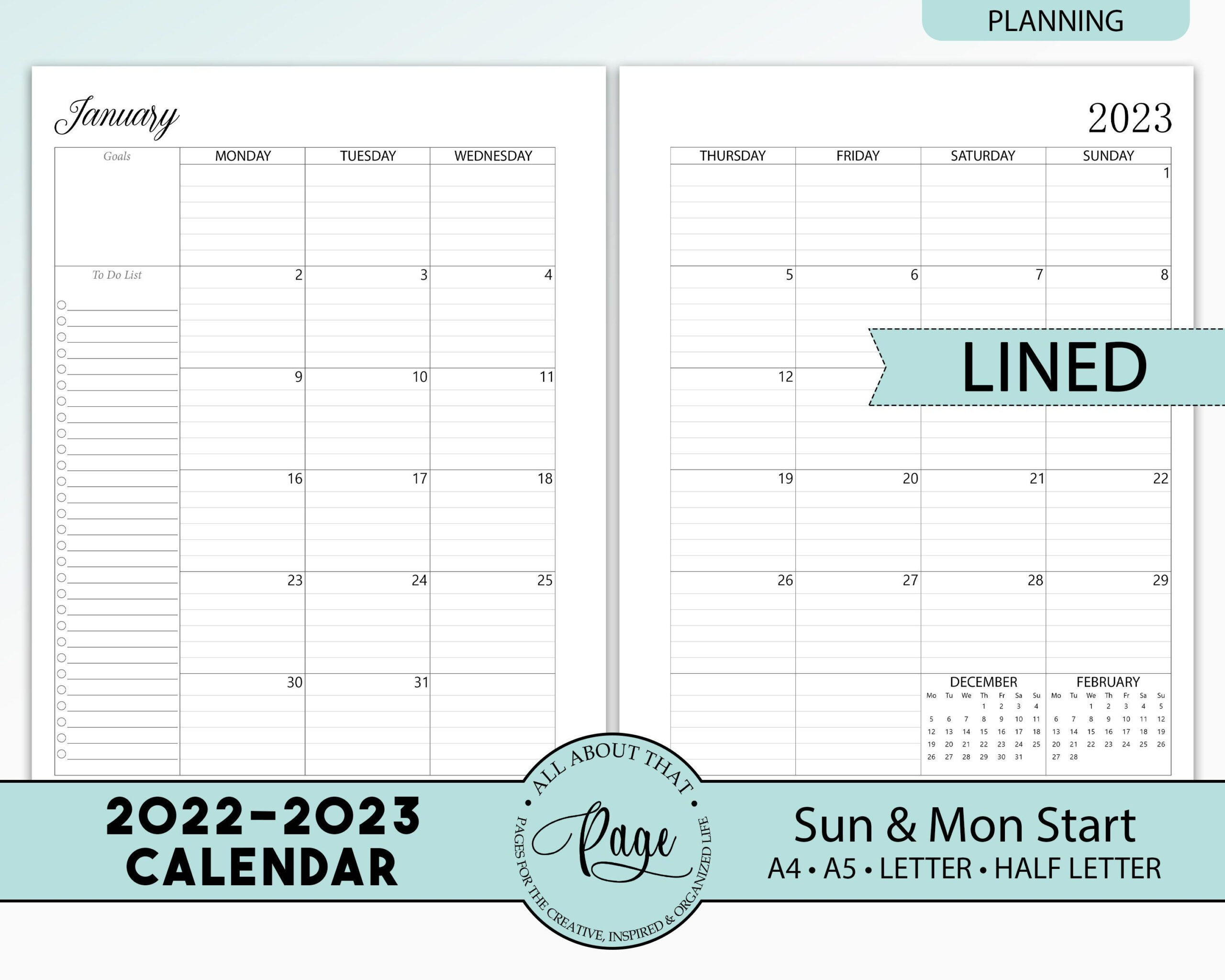2023 2024 Monthly Calendar Printable Two 2 Page Lined - Etsy for 2-Page Monthly Calendar Printable Free 2024