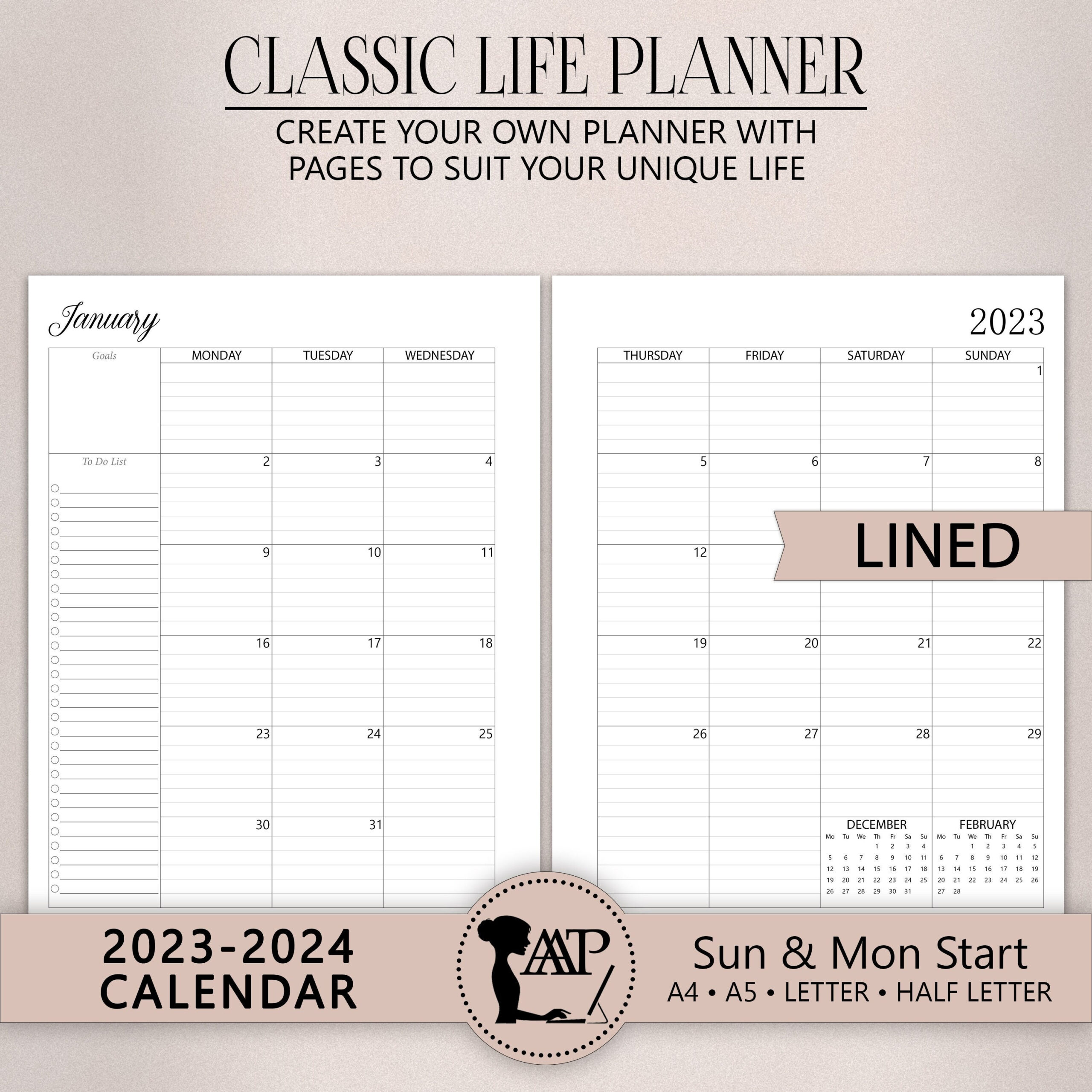 2023 2024 Monthly Calendar Printable Two 2 Page Lined - Etsy Uk for Printable Lined Calendar 2024