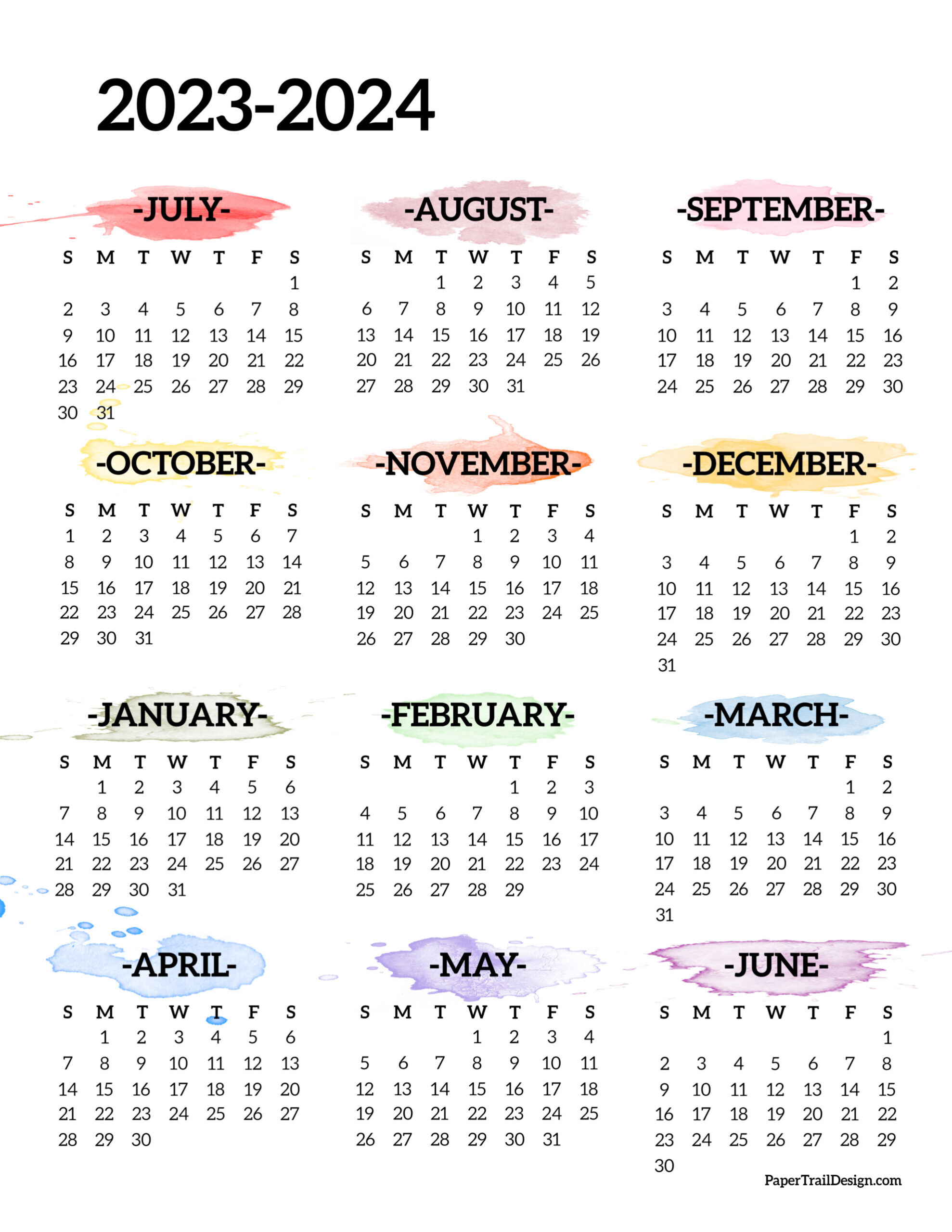 2023-2024 School Year Calendar Free Printable - Paper Trail Design for Printable Calendar August 2023 To July 2024