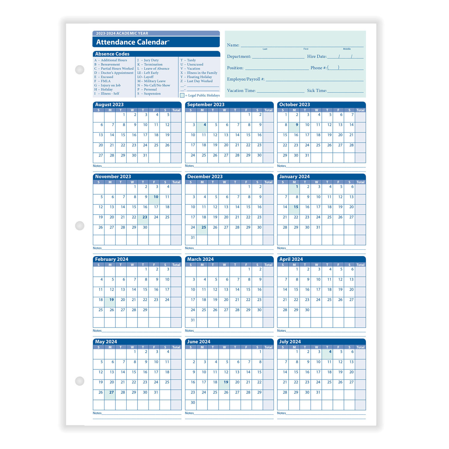 2023 Academic Year Attendance Calendar | Yearly Calendar | Hrdirect for Free Printable Employee Attendance Calendar 2024