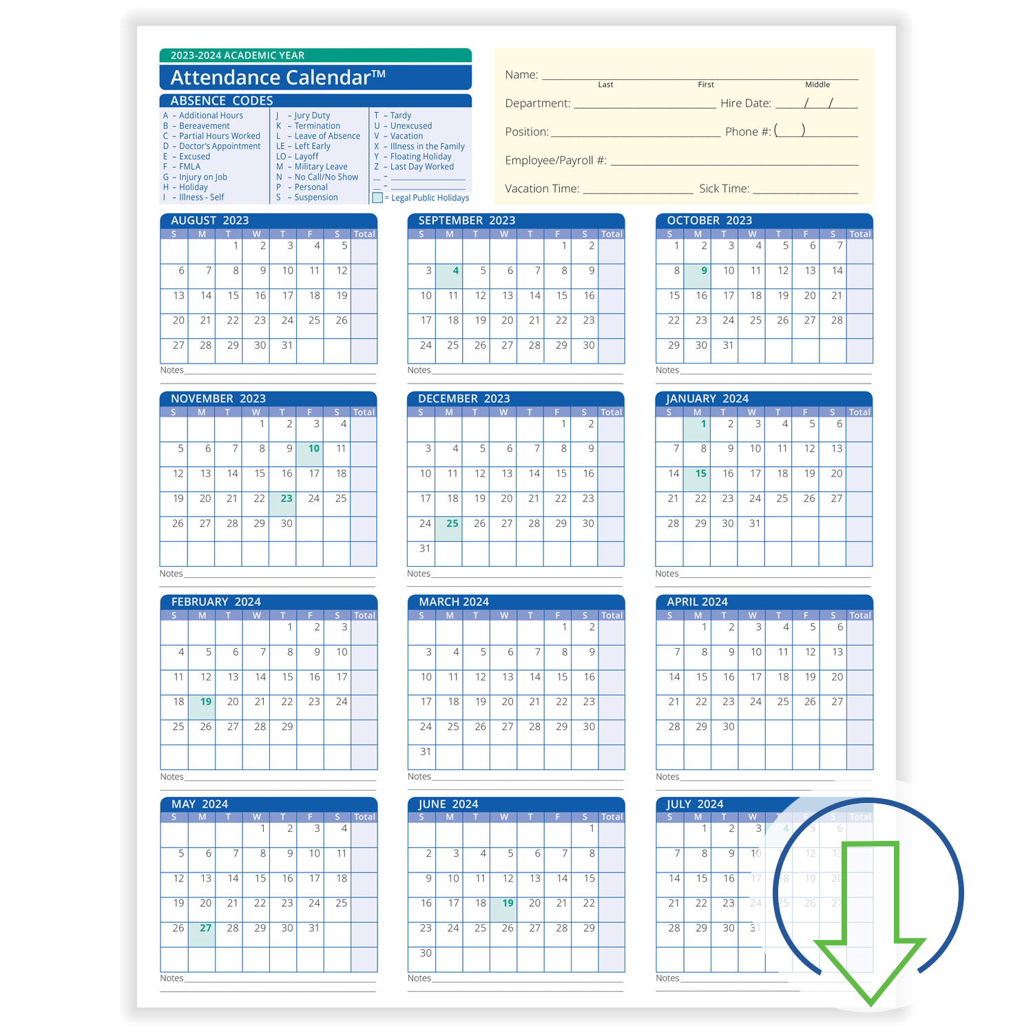 2023 Downloadable Academic Year Employee Attendance Calendar for Free Printable Attendance Calendar 2023-2024