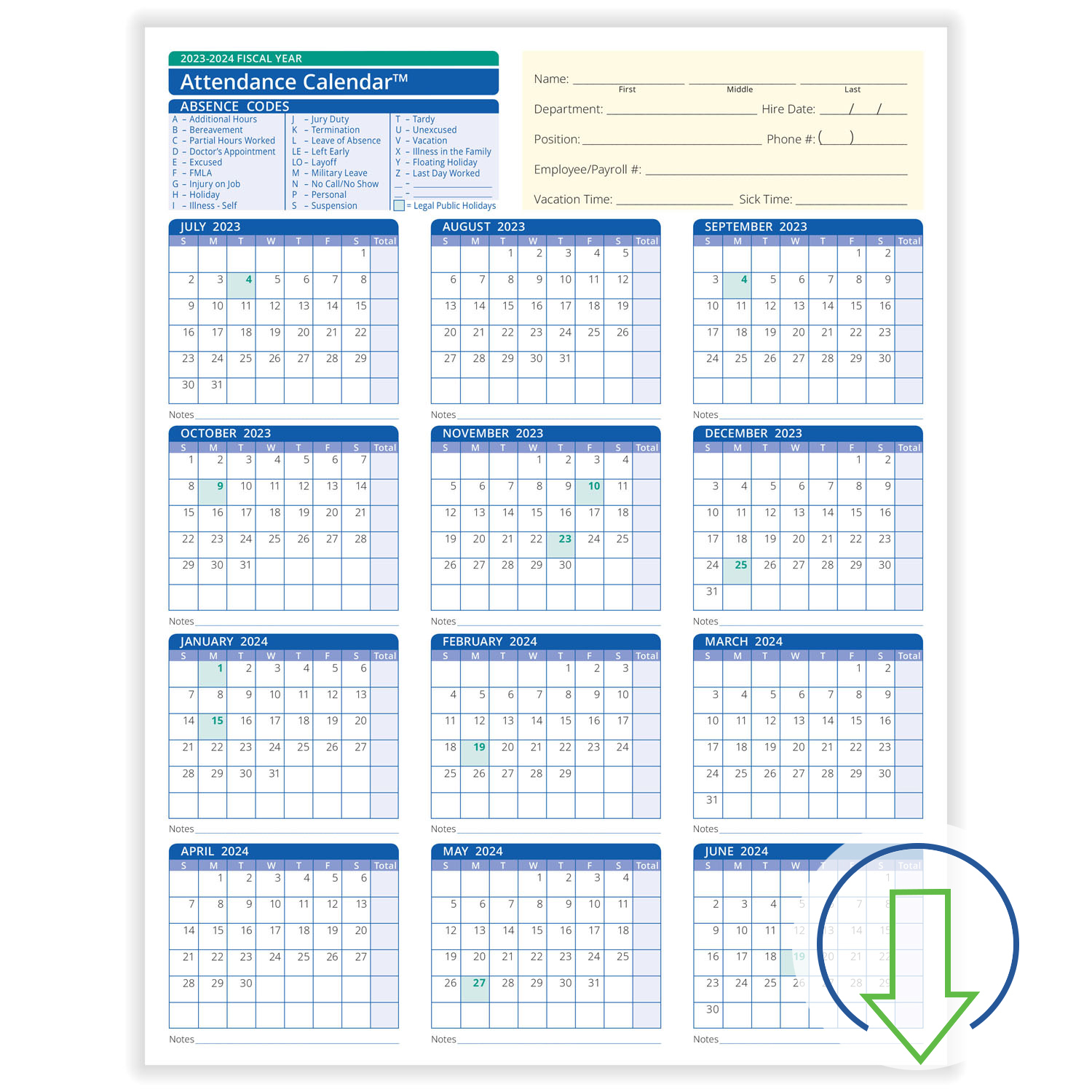 2023 Downloadable Fiscal Year Employee Attendance Calendar | Hrdirect for Free Printable Attendance Calendar 2023-2024