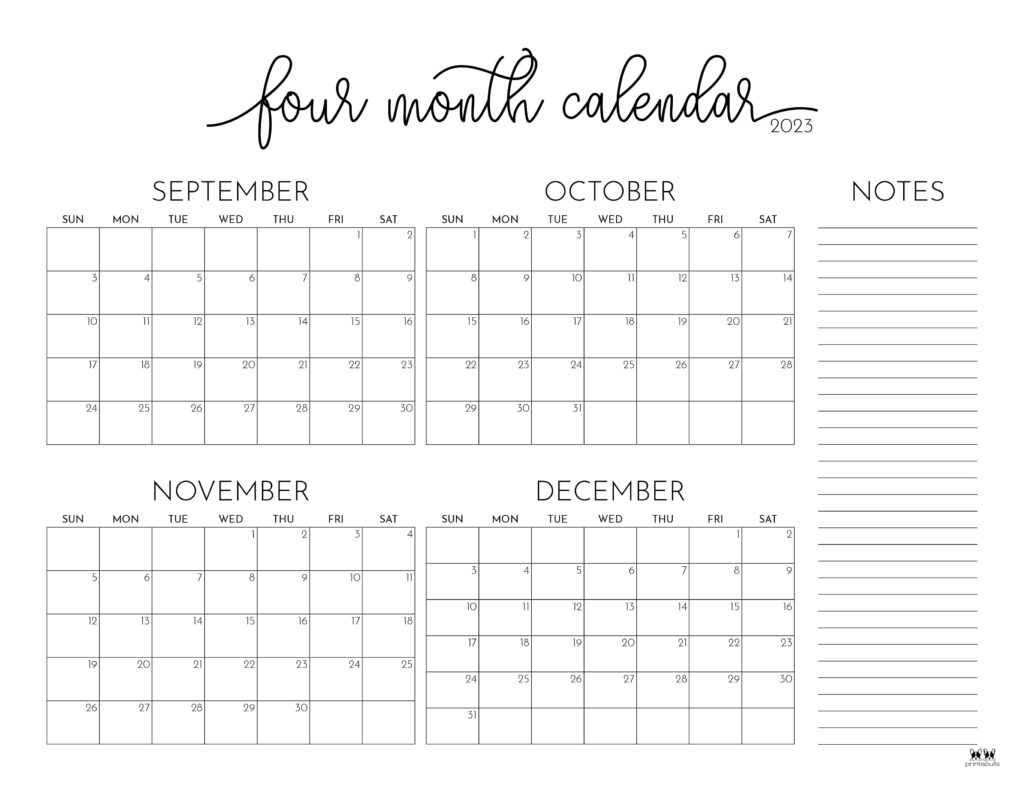 2023 Four Month Calendars - 18 Free Printables | Printabulls for Free Printable 4 Month Calendar 2024