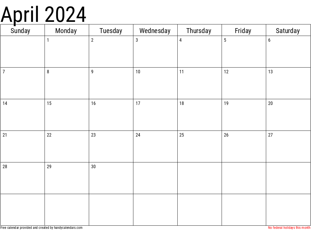 2024 April Calendars - Handy Calendars for Free Printable April 2024 Calendar With Holidays