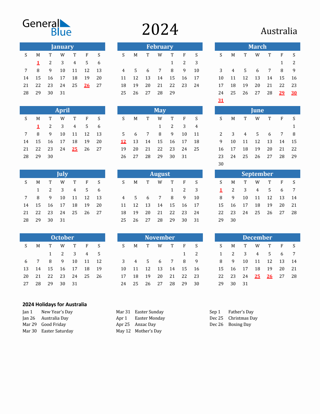 2024 Australia Calendar With Holidays for 2024 Calendar Printable General Blue