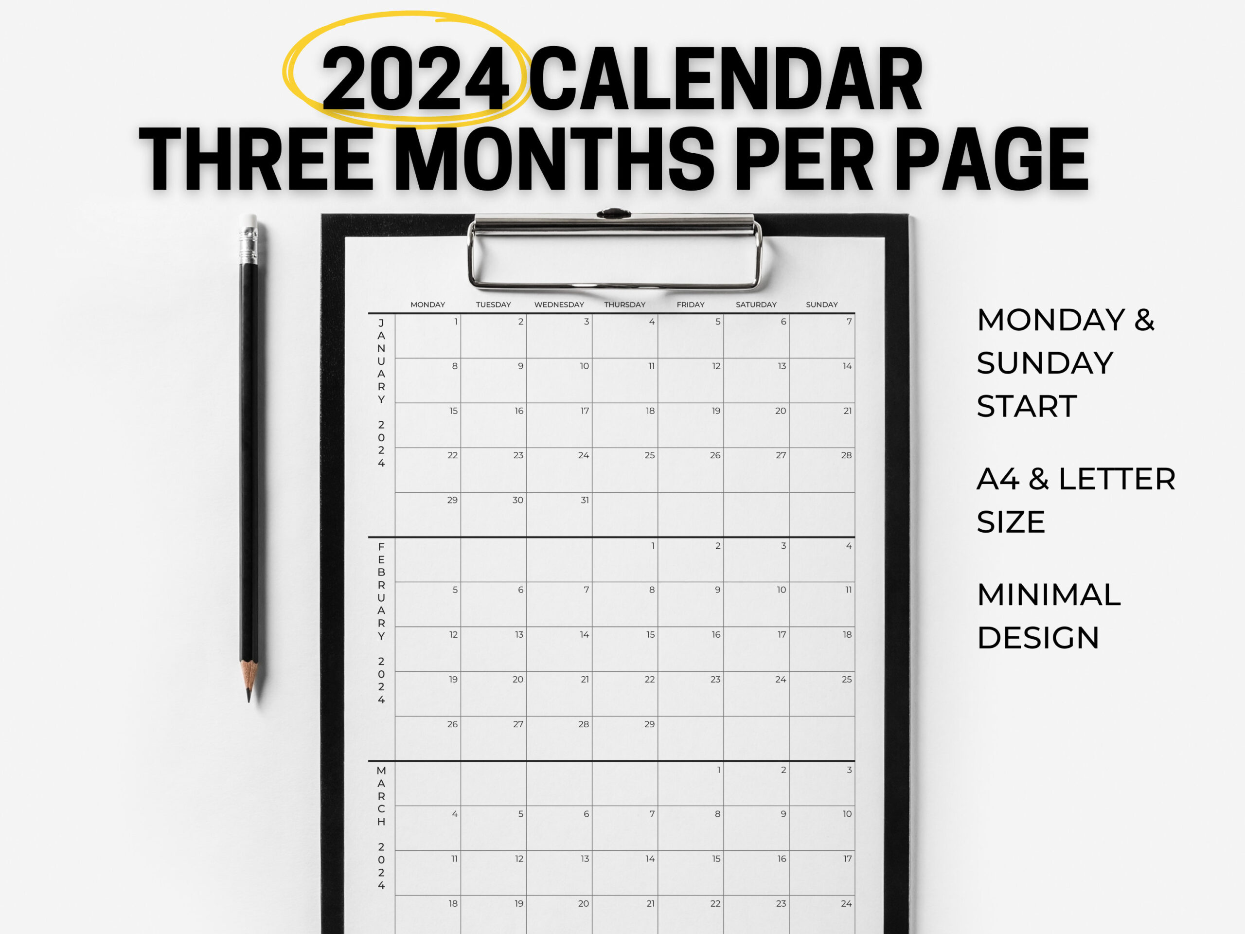 2024 Calendar 3 Months Per Page Minimalist Calendar - Etsy for 2024 Calendar 3 Months Per Page Printable
