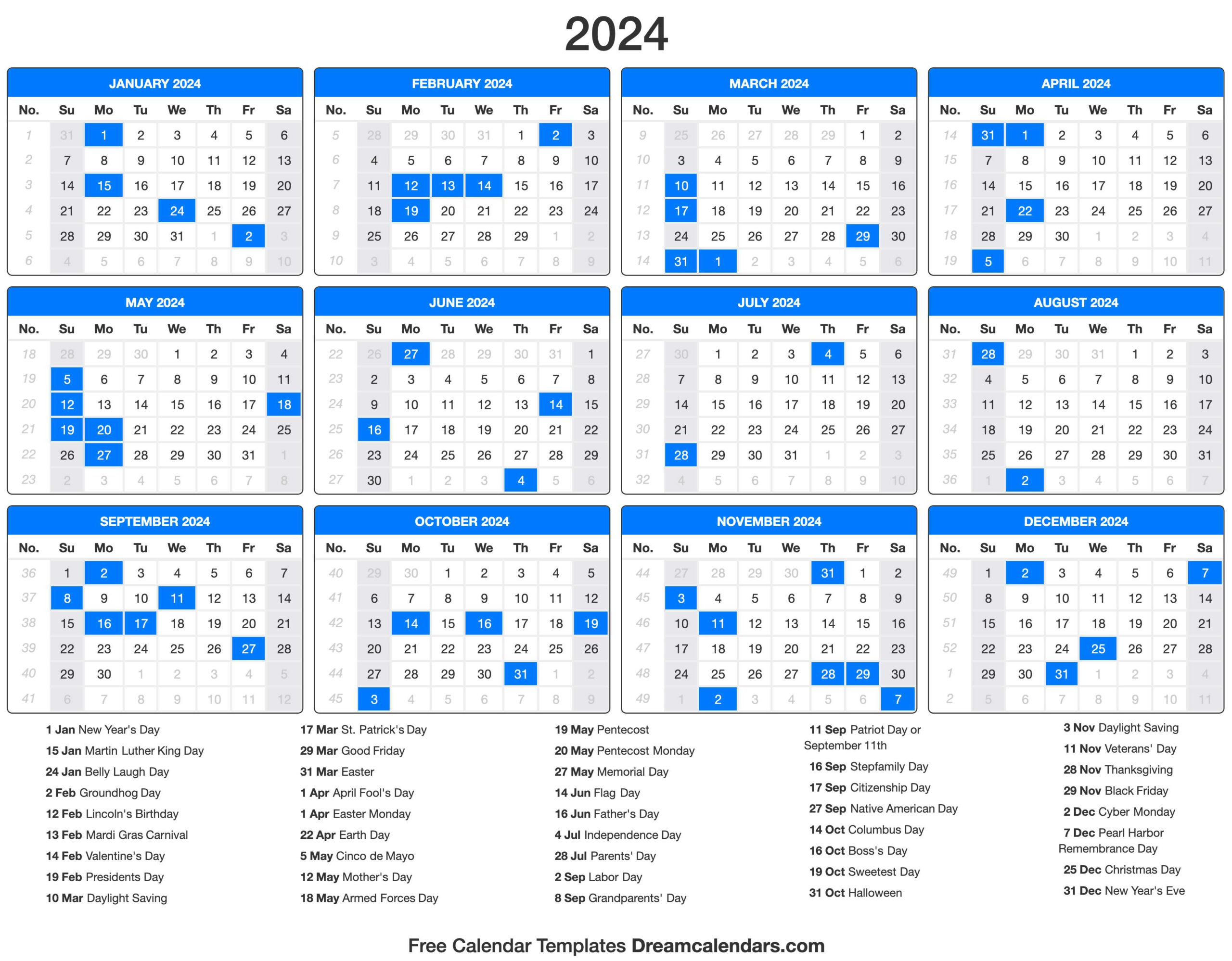 2024 Calendar for 2024 Holiday Calendar Printable