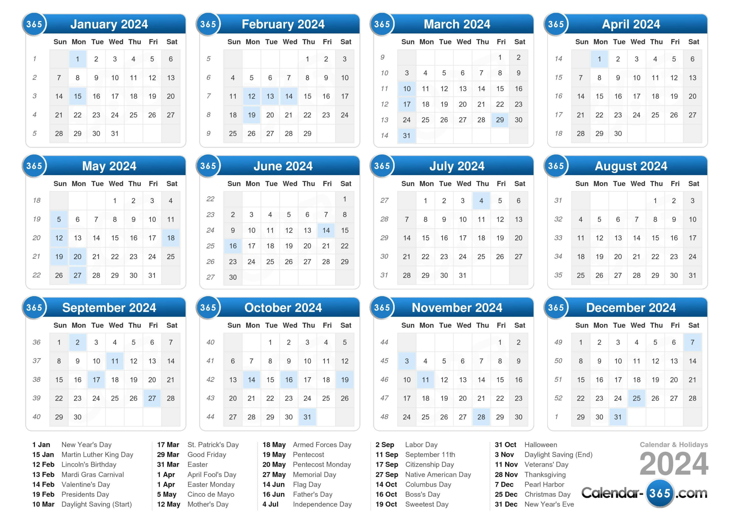 2024 Calendar for Printable 2024 Calendar With Day Numbers