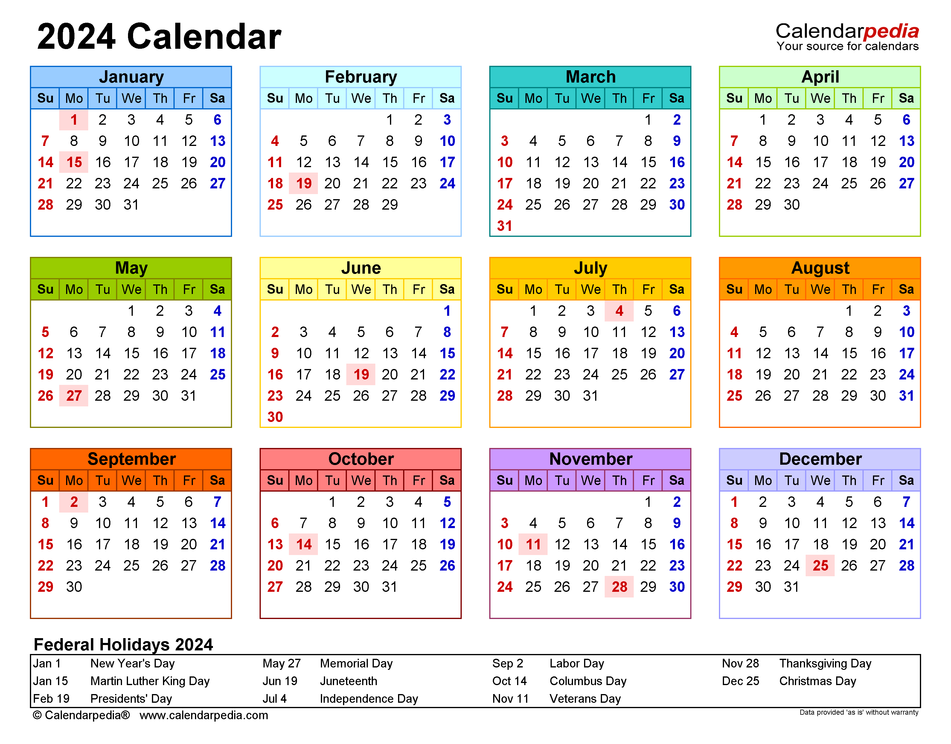 2024 Calendar - Free Printable Pdf Templates - Calendarpedia for 2024 Color Calendar Printable