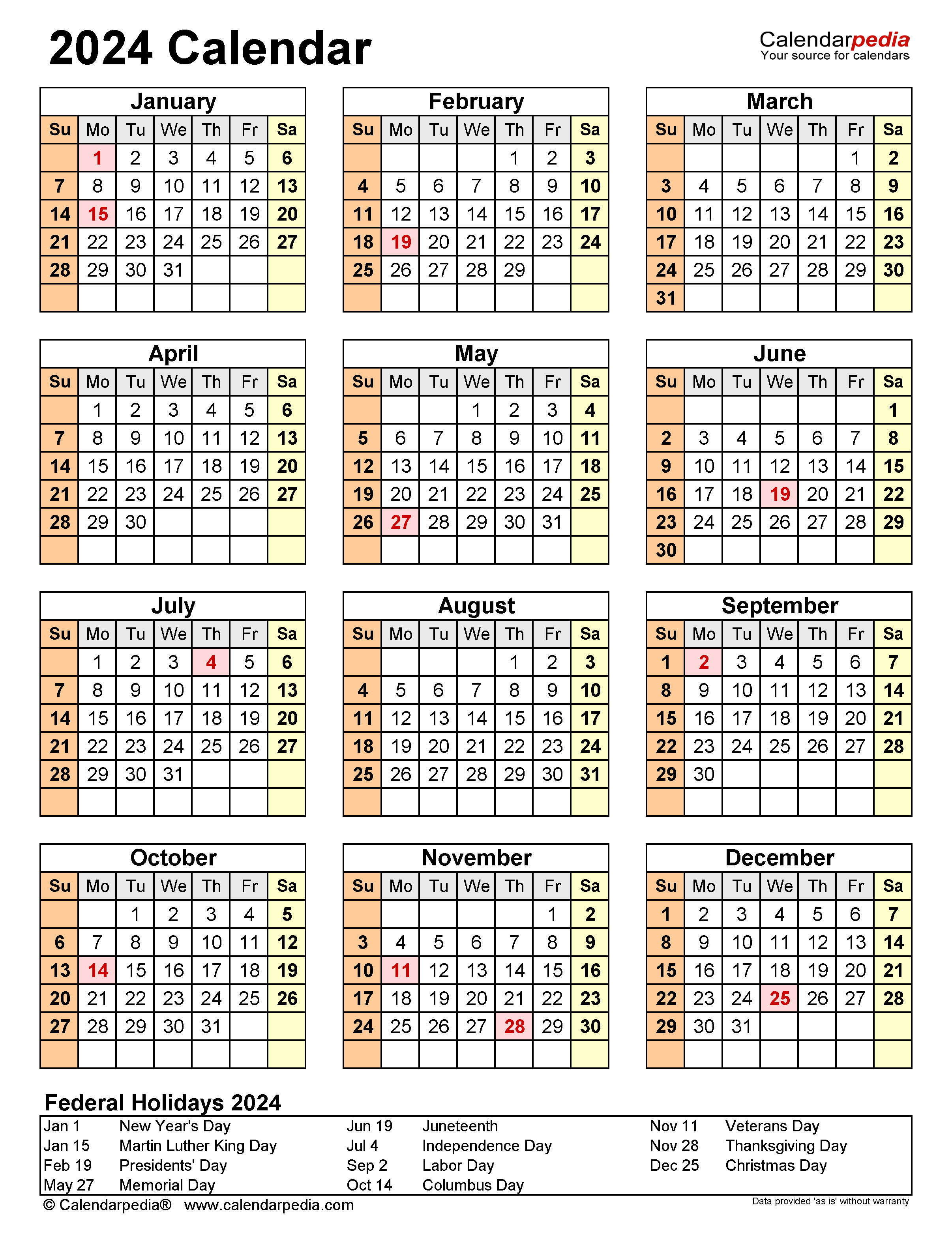 2024 Calendar - Free Printable Word Templates - Calendarpedia for 2024 Calendar With Holidays Printable Word Document