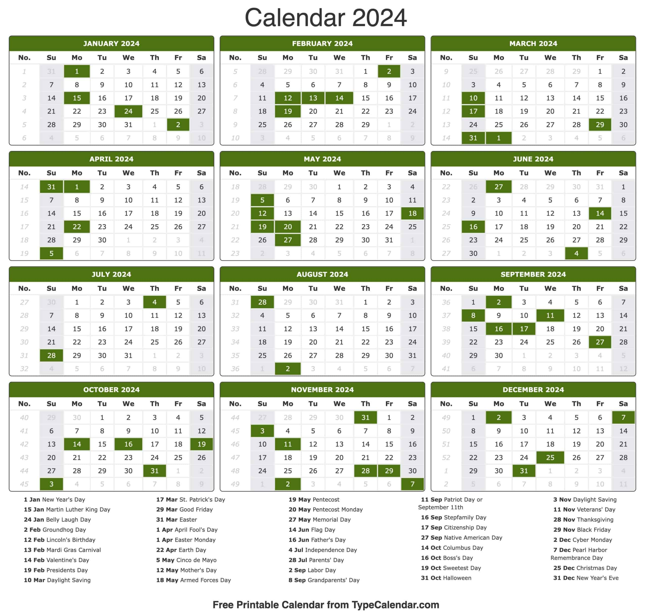 2024 Calendar: Free Printables Calendar 2024 for National Day Calendar 2024 Printable Free