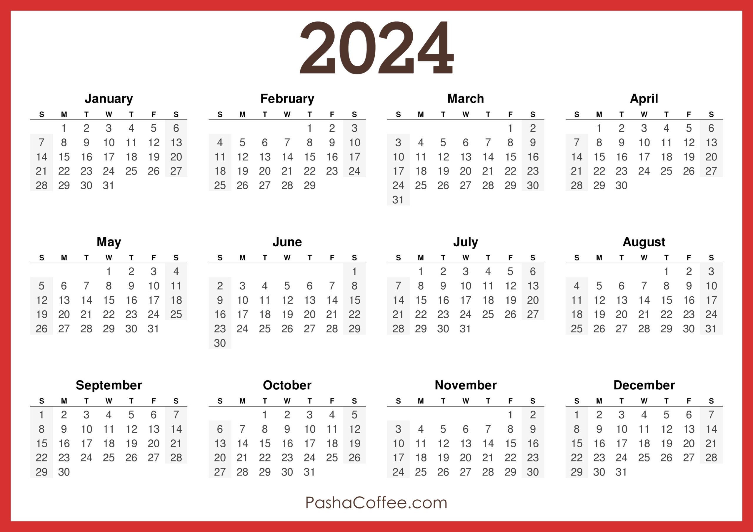 2024 Calendar Printable Free, Horizontal, Red – Pashacoffee for Free Printable Desk Calendar 2024