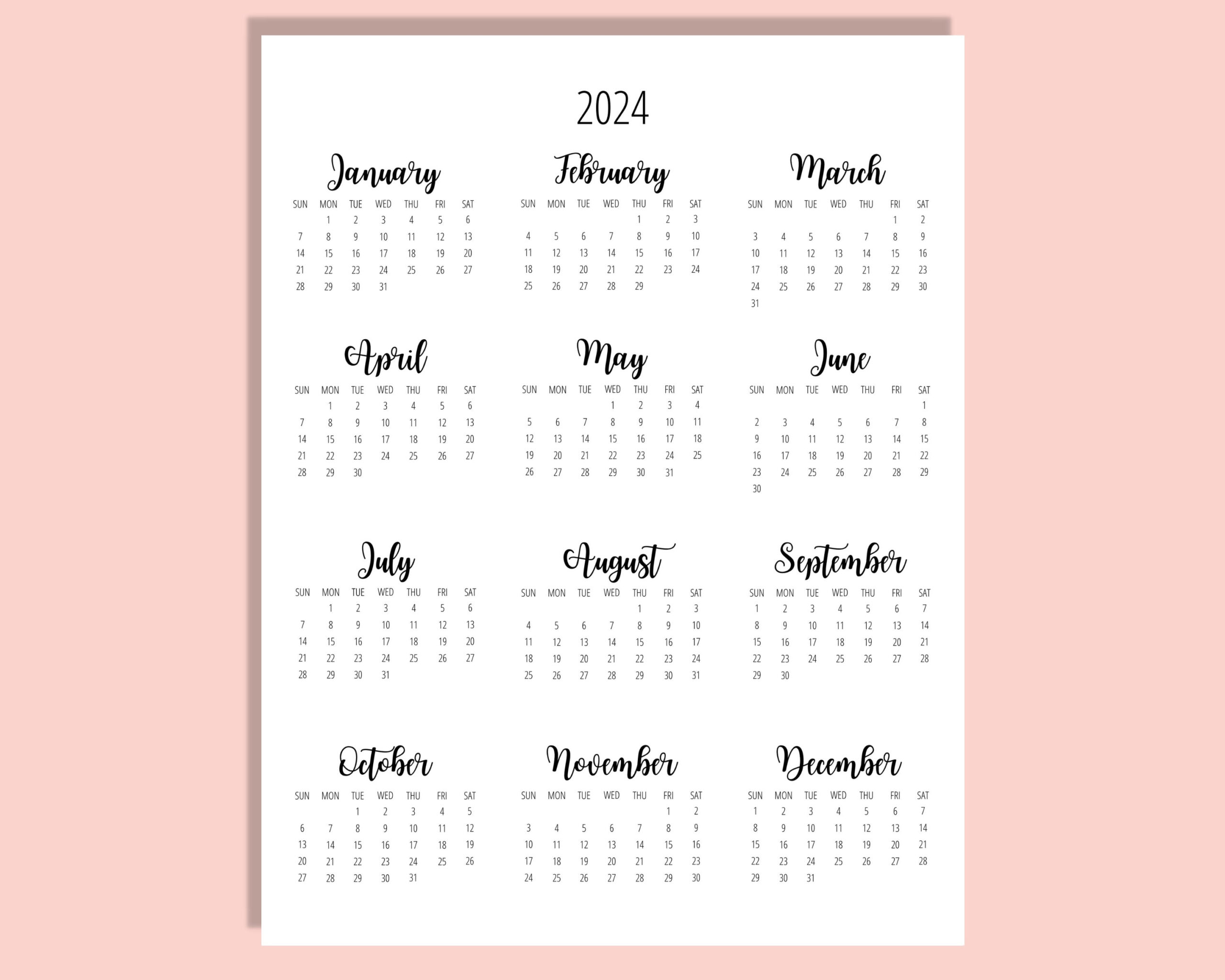 2024 Calendar Template 8.5 X 11 Inches Vertical Year At A - Etsy for 2024 Calendar 8.5 X 11 Printable