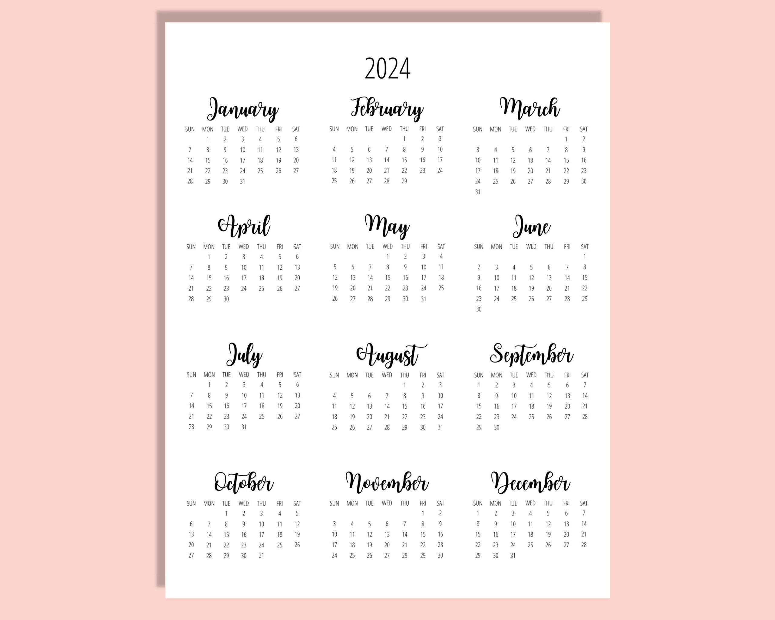 2024 Calendar Template 8.5 X 11 Inches Vertical Year At A - Etsy for 2024 Desk Calendar Printable