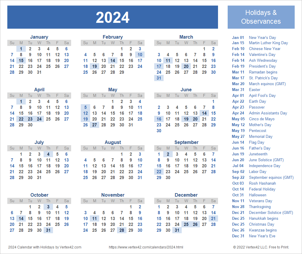 2024 Calendar Templates And Images for 2024 Calendar With Holidays Free Printable