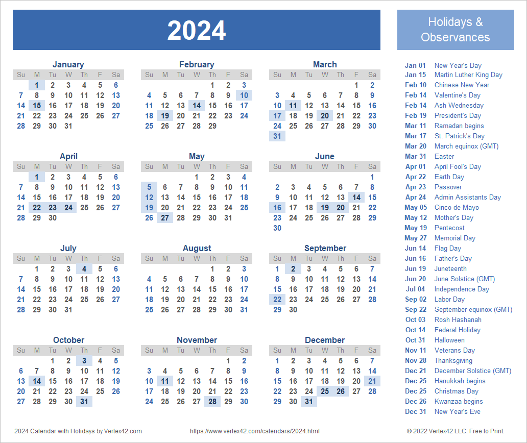 2024 Calendar Templates And Images for 2024 Printable Yearly Calendar With Holidays