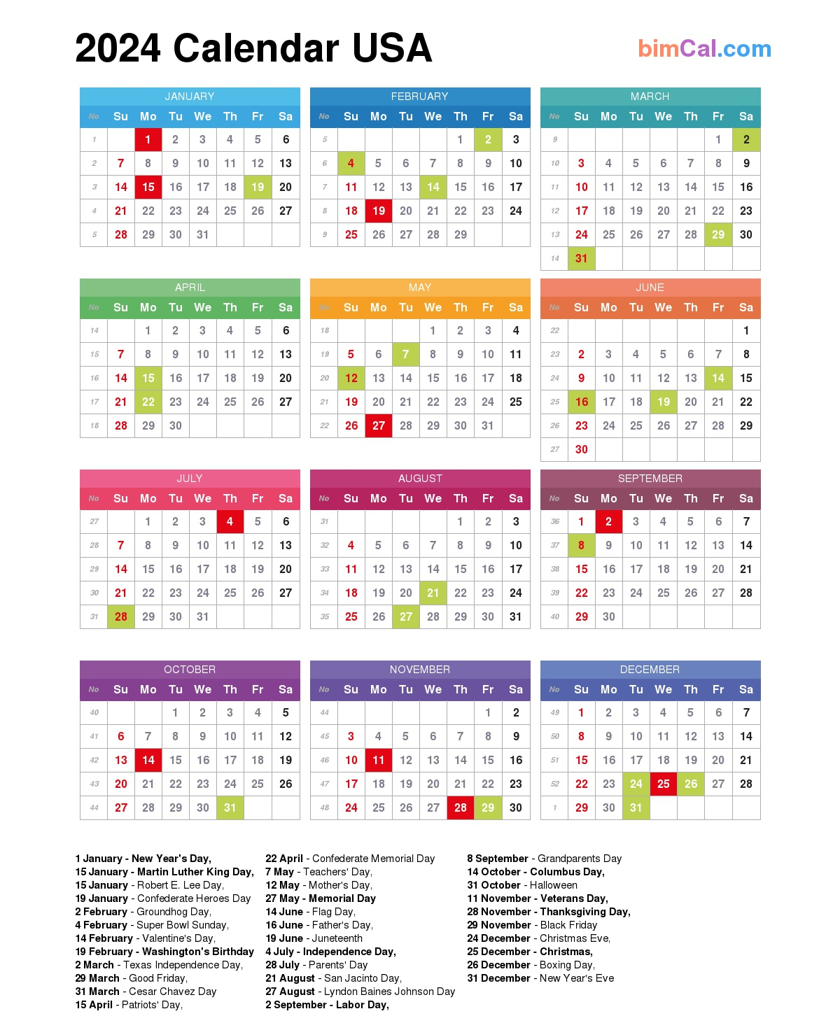 2024 Calendar Usa - Bimcal for 2024 Calendar Usa Printable