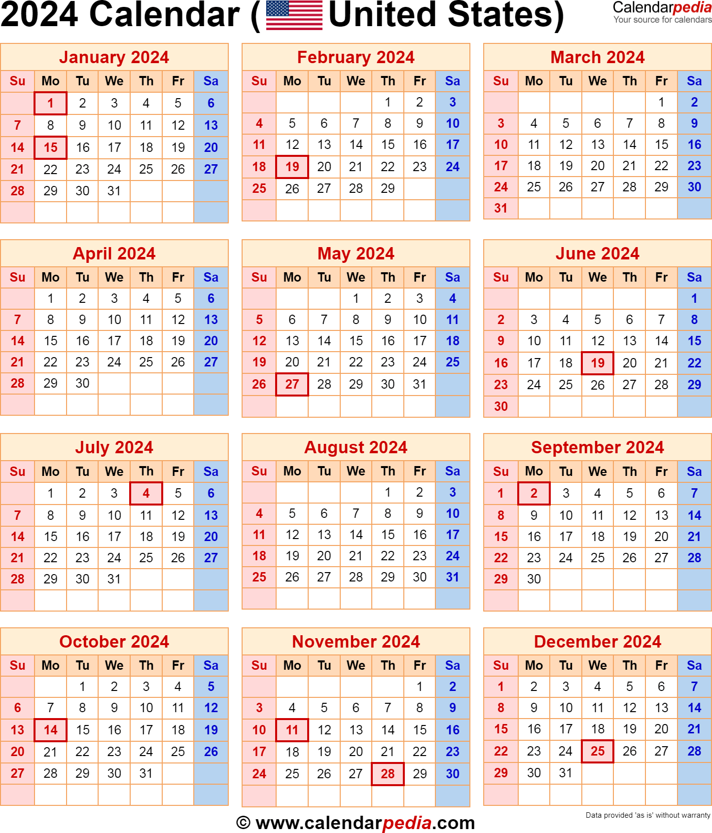 2024 Calendar With Federal Holidays for 2024 Calendar Usa Printable