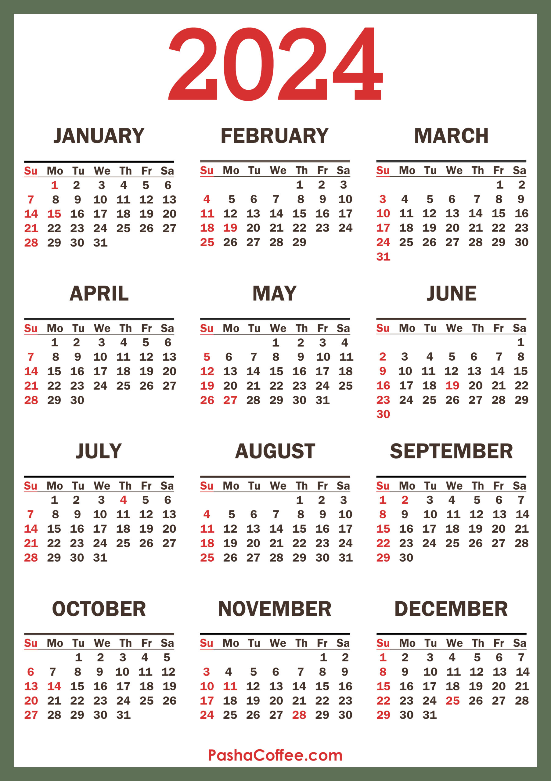 2024 Calendar With Holidays, Printable Free, Vertical, Green for 2024 Calendar Free Printable With Holidays