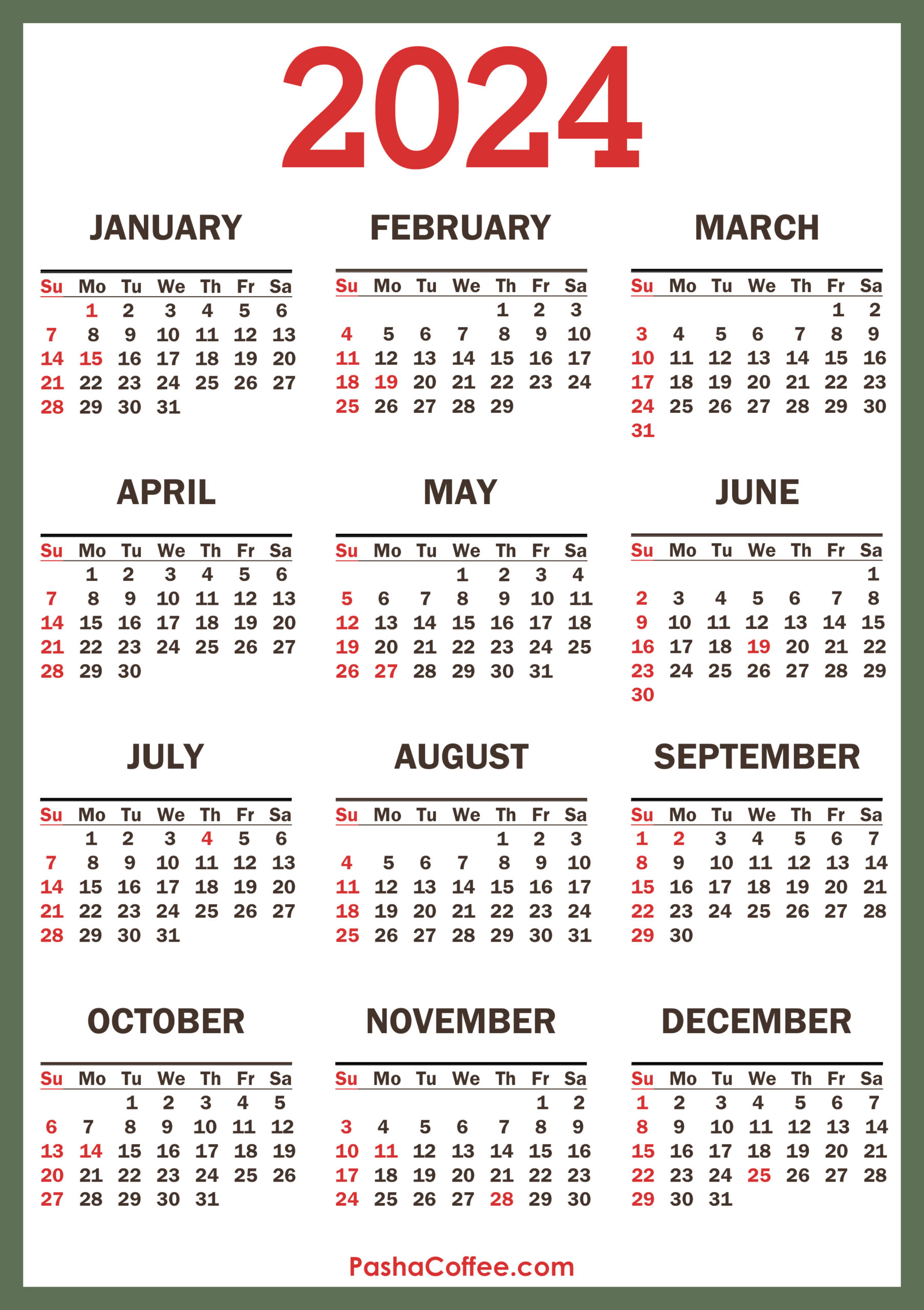 2024 Calendar With Holidays, Printable Free, Vertical, Green for 2024 Calendar Printable Free With Holidays