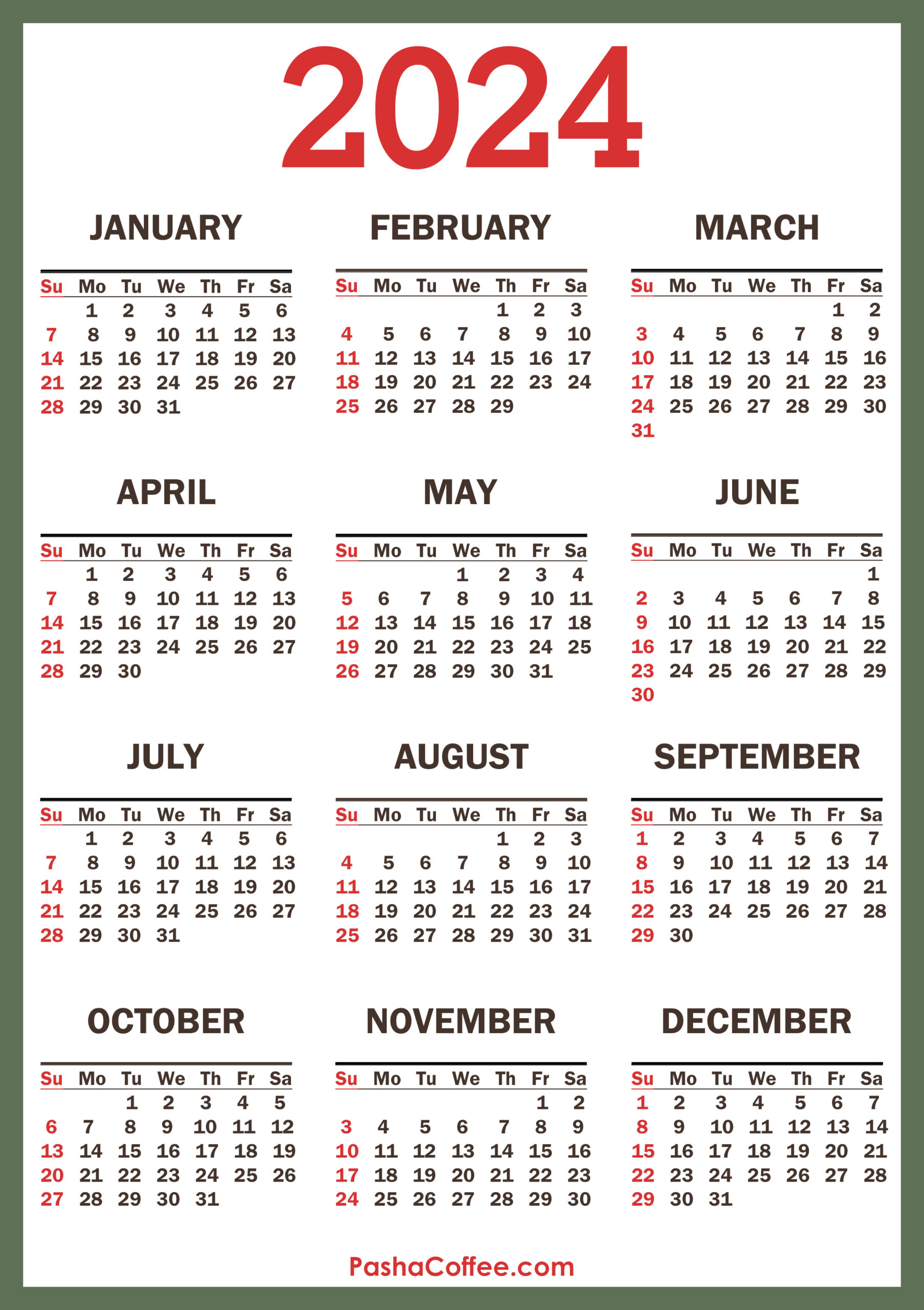 2024 Calendar With Holidays, Printable Free, Vertical, Green for 2024 Free Printable Monthly Calendar With Holidays