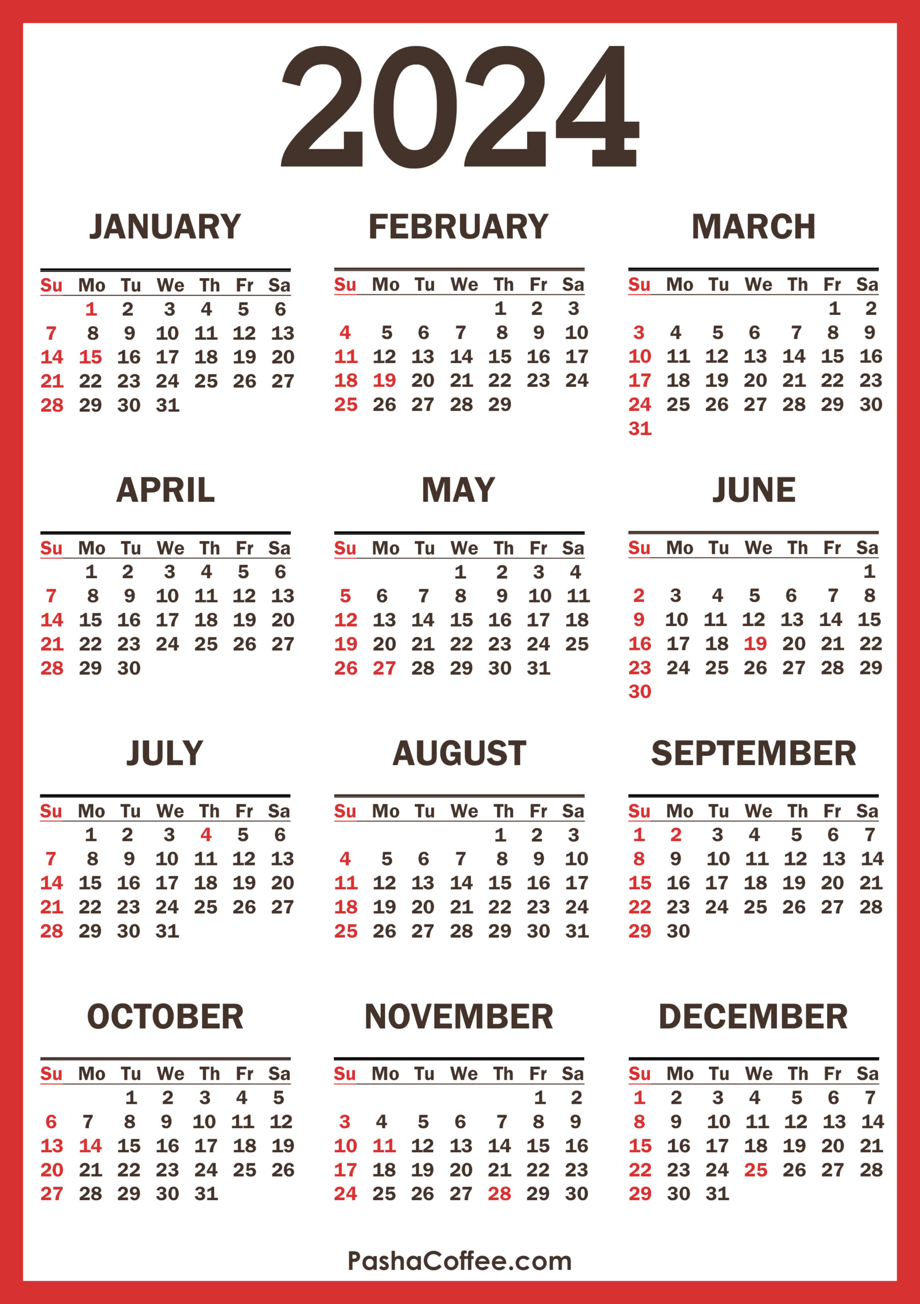 2024 Calendar With Holidays, Printable Free, Vertical, Red for 2024 And 2024 Calendar With Holidays Printable