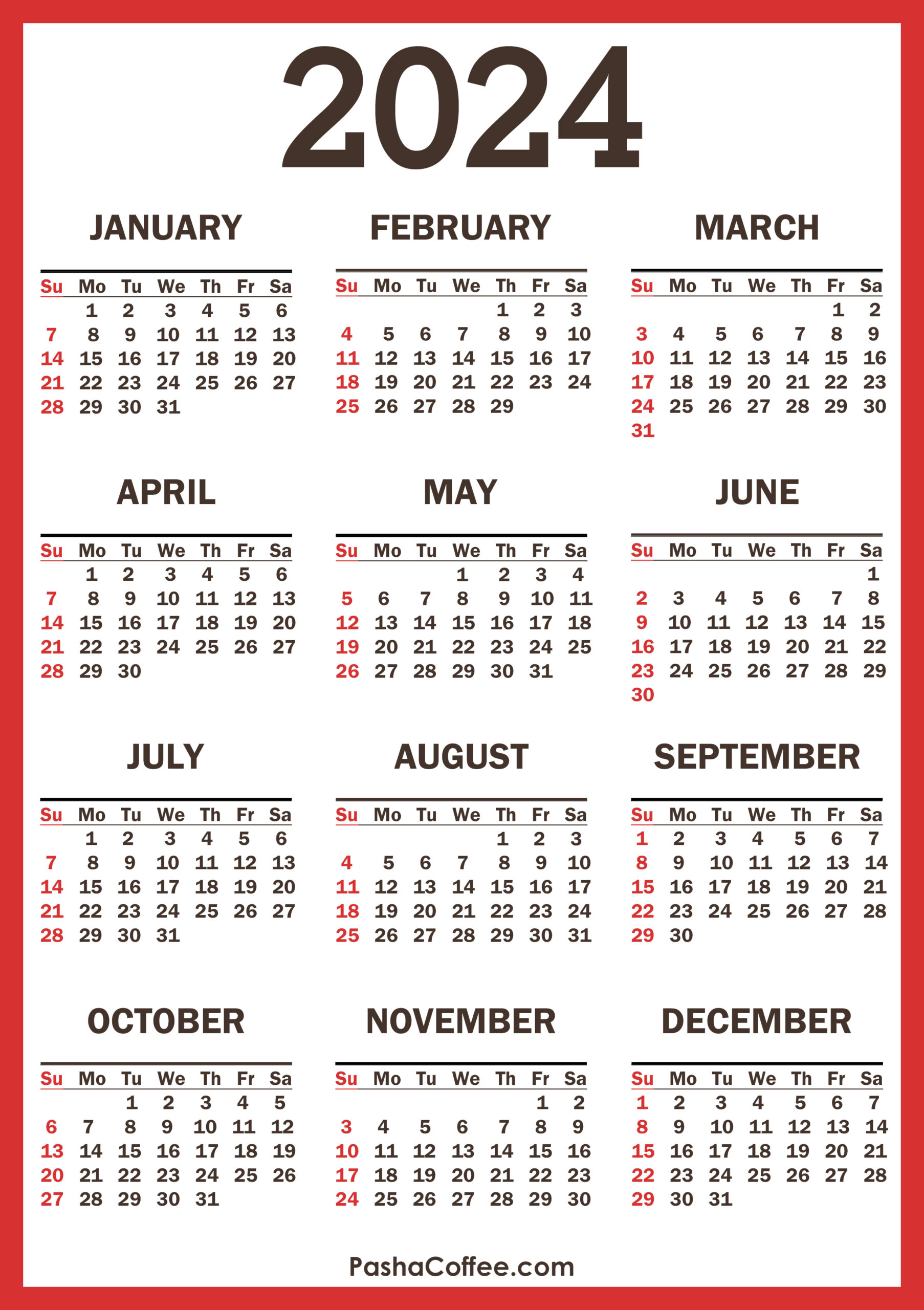 2024 Calendar With Holidays, Printable Free, Vertical, Red for 2024 Printable Calendar With Holidays One Page