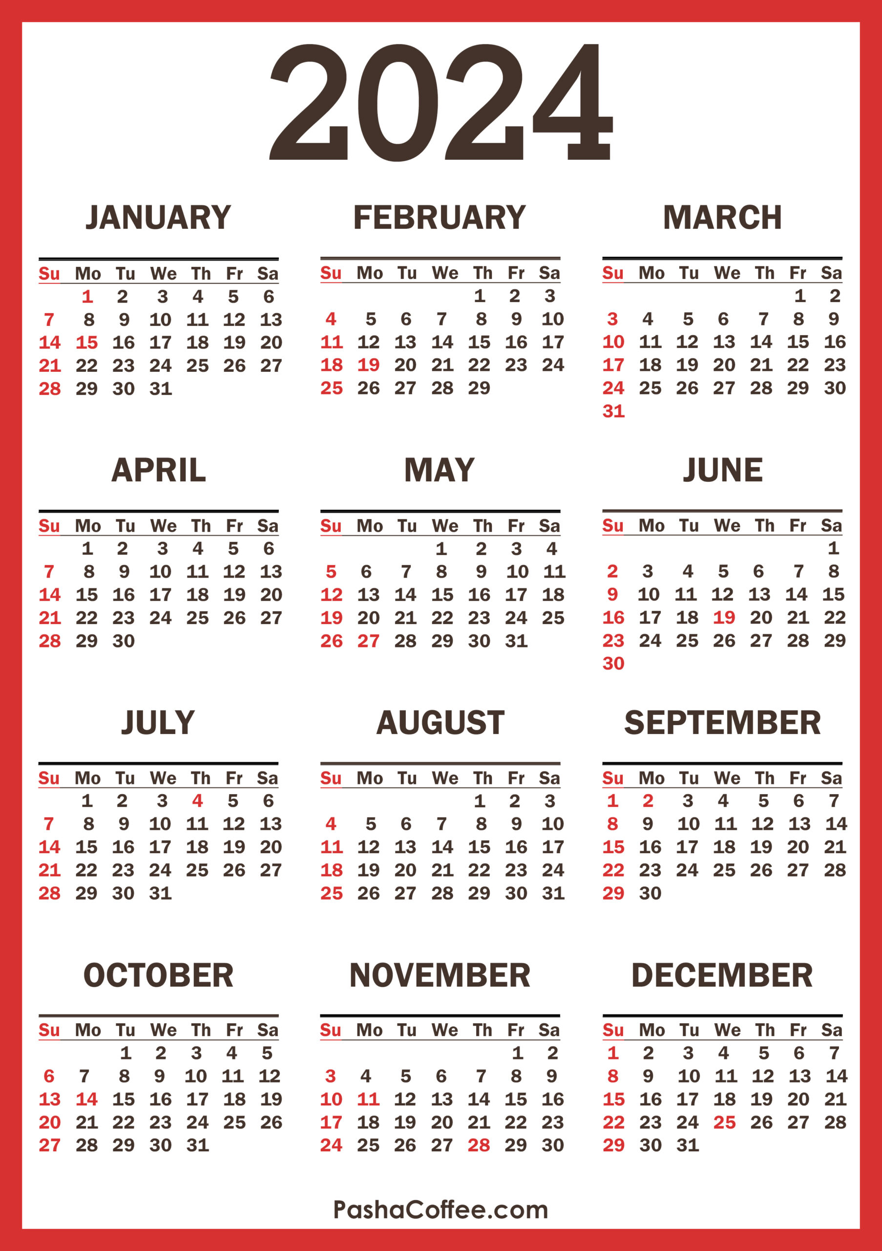 2024 Calendar With Holidays, Printable Free, Vertical, Red for Printable Monthly Calendar 2024 With Holidays Free