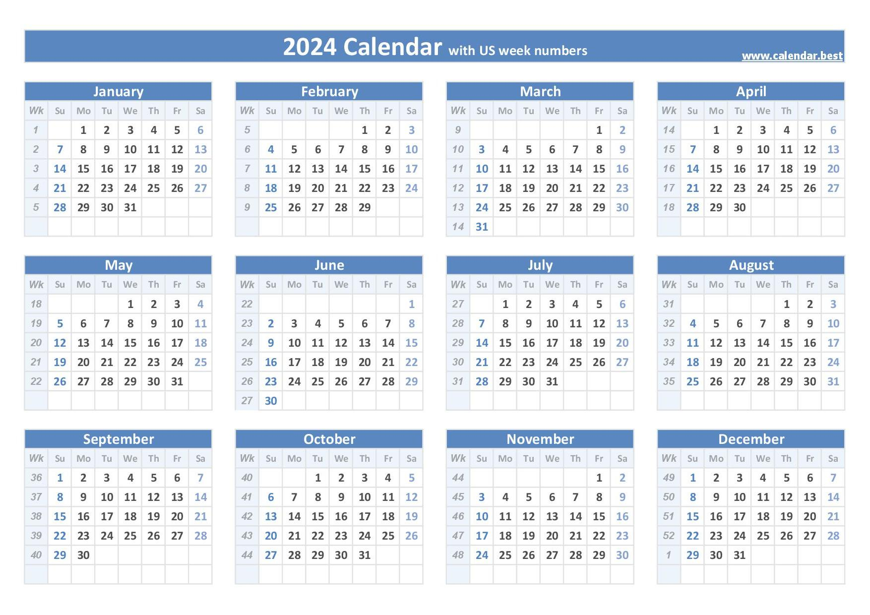 2024 Calendar With Week Numbers (Us And Iso Week Numbers) for 2024 Week Number Calendar Printable