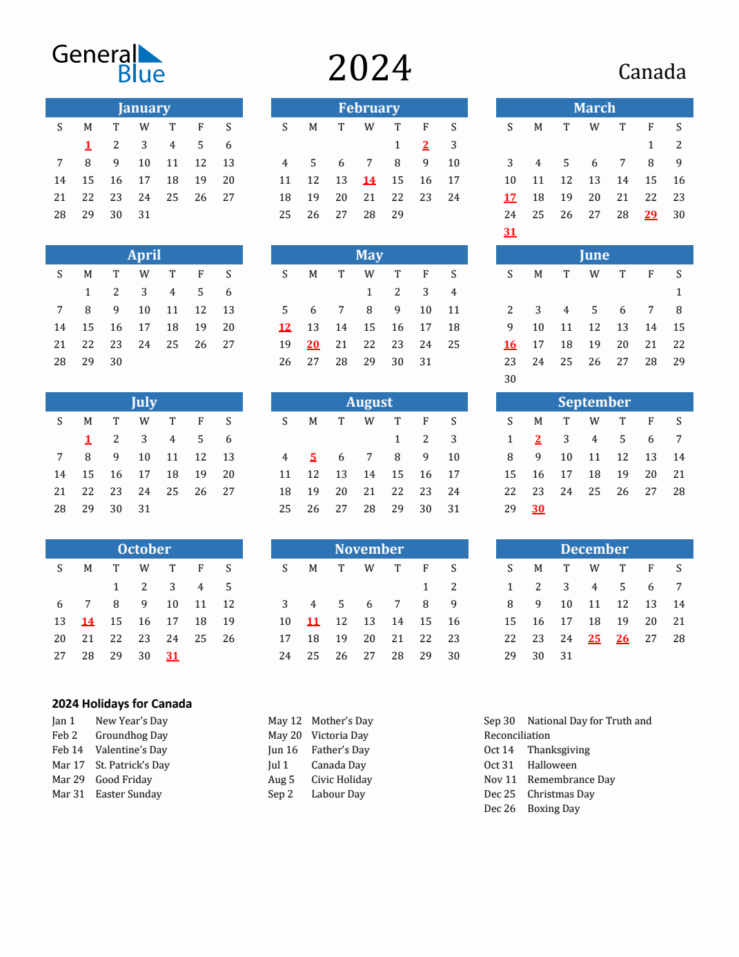 2024 Canada Calendar With Holidays for 2024 Calendar Canada With Holidays Printable