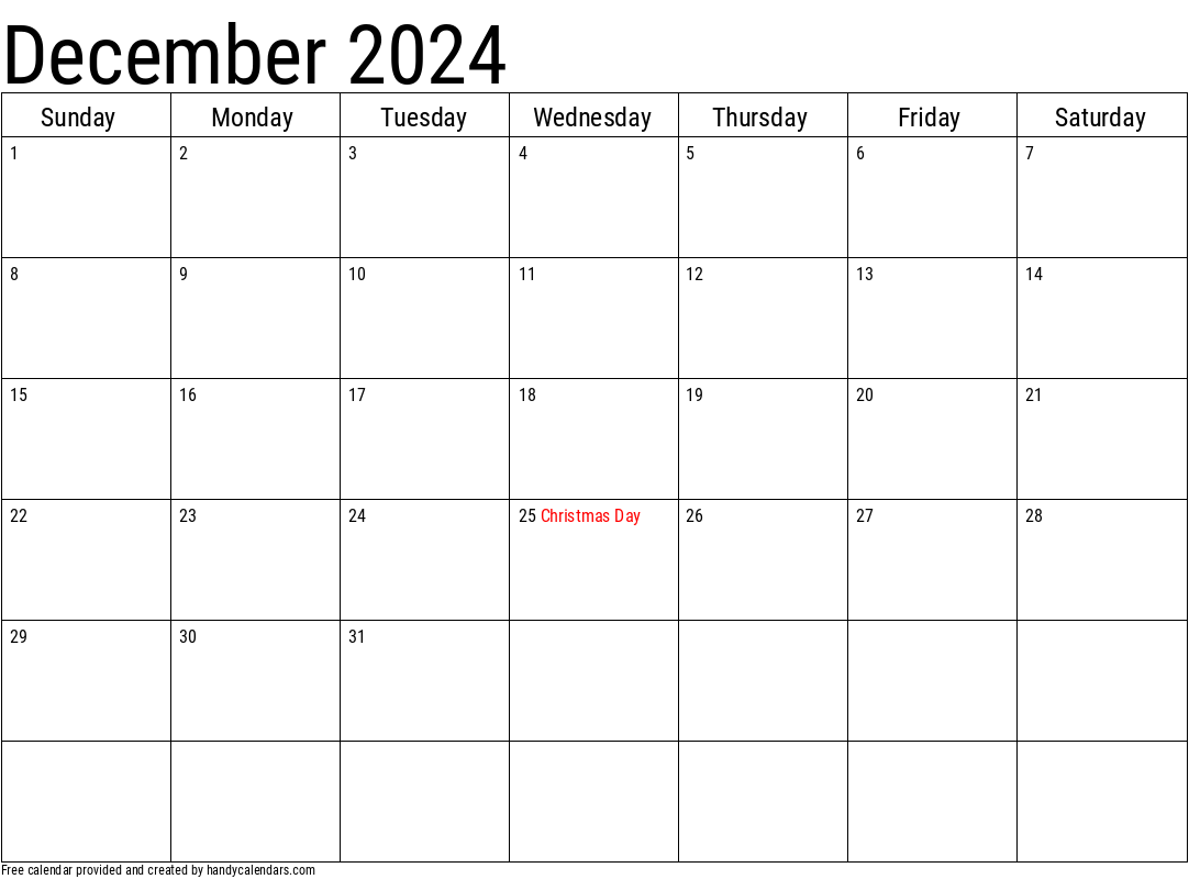 2024 December Calendars - Handy Calendars for December 2024 Calendar With Holidays Printable