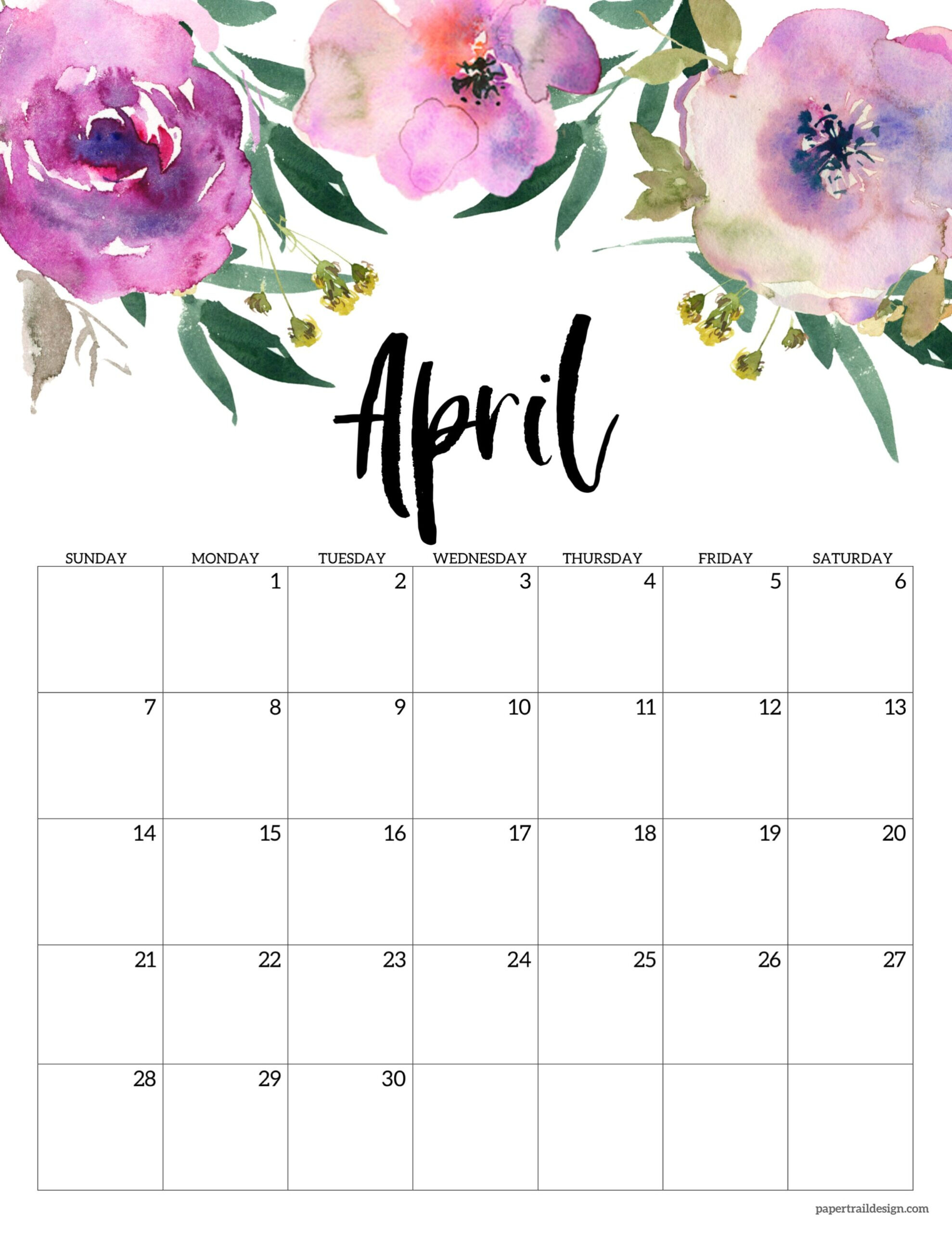 2024 Floral Calendar Printable - Paper Trail Design for April 2024 Calendar Printable Cute