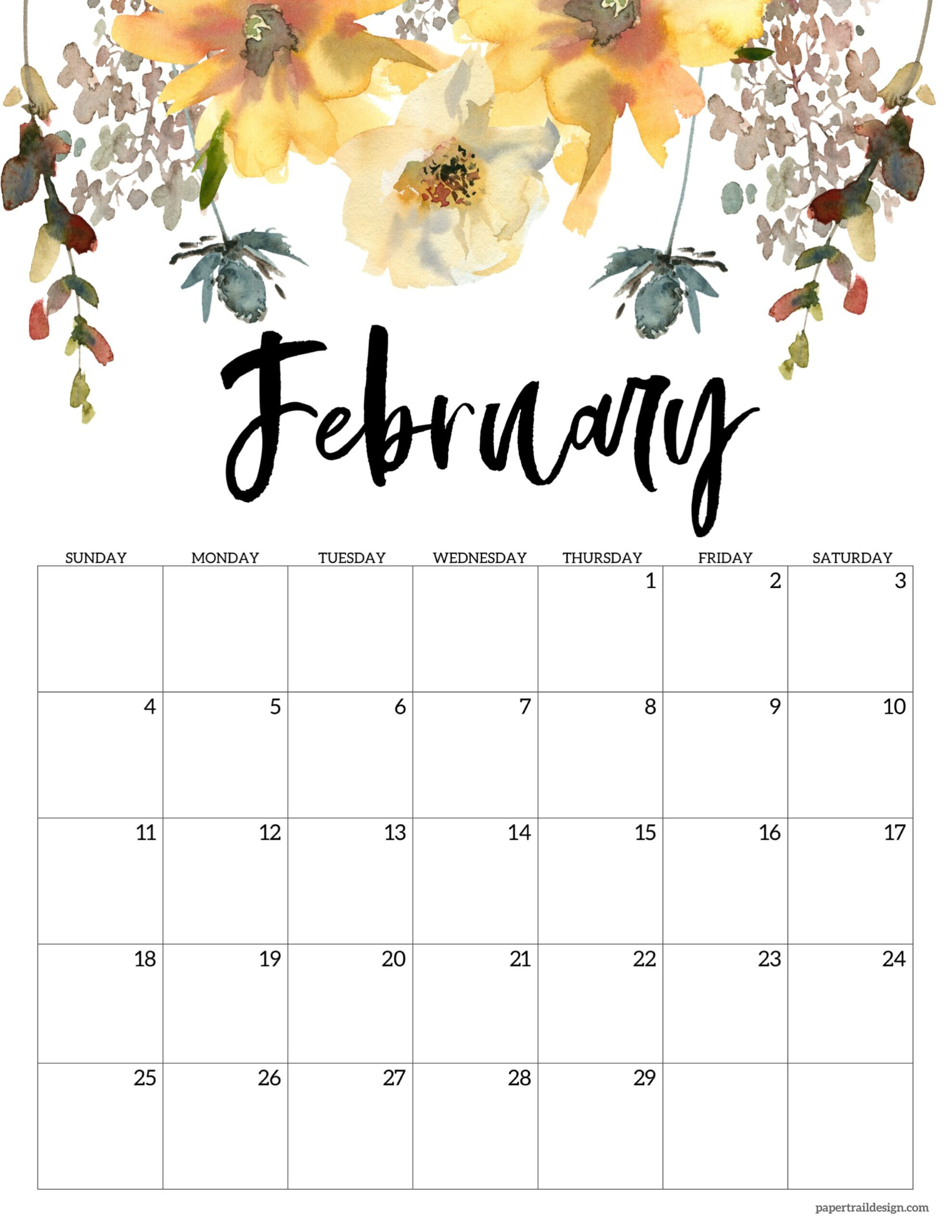 2024 Floral Calendar Printable - Paper Trail Design for Cute February 2024 Calendar Printable