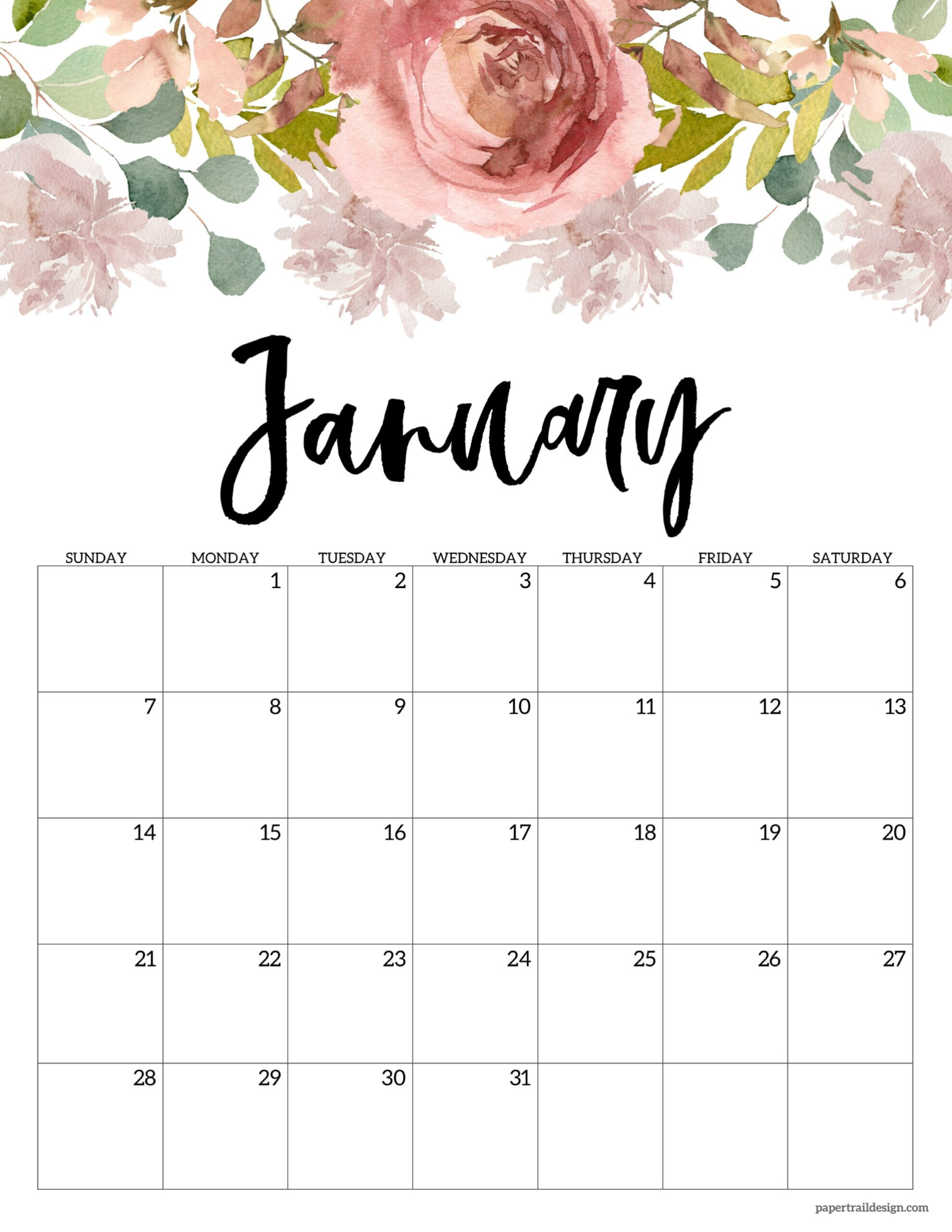 2024 Floral Calendar Printable - Paper Trail Design for Cute January 2024 Calendar Printable