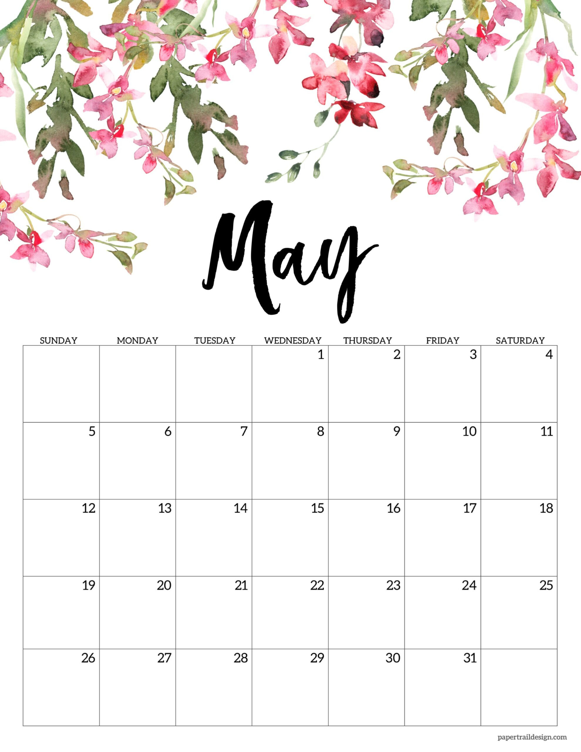 2024 Floral Calendar Printable - Paper Trail Design for Cute May 2024 Calendar Printable