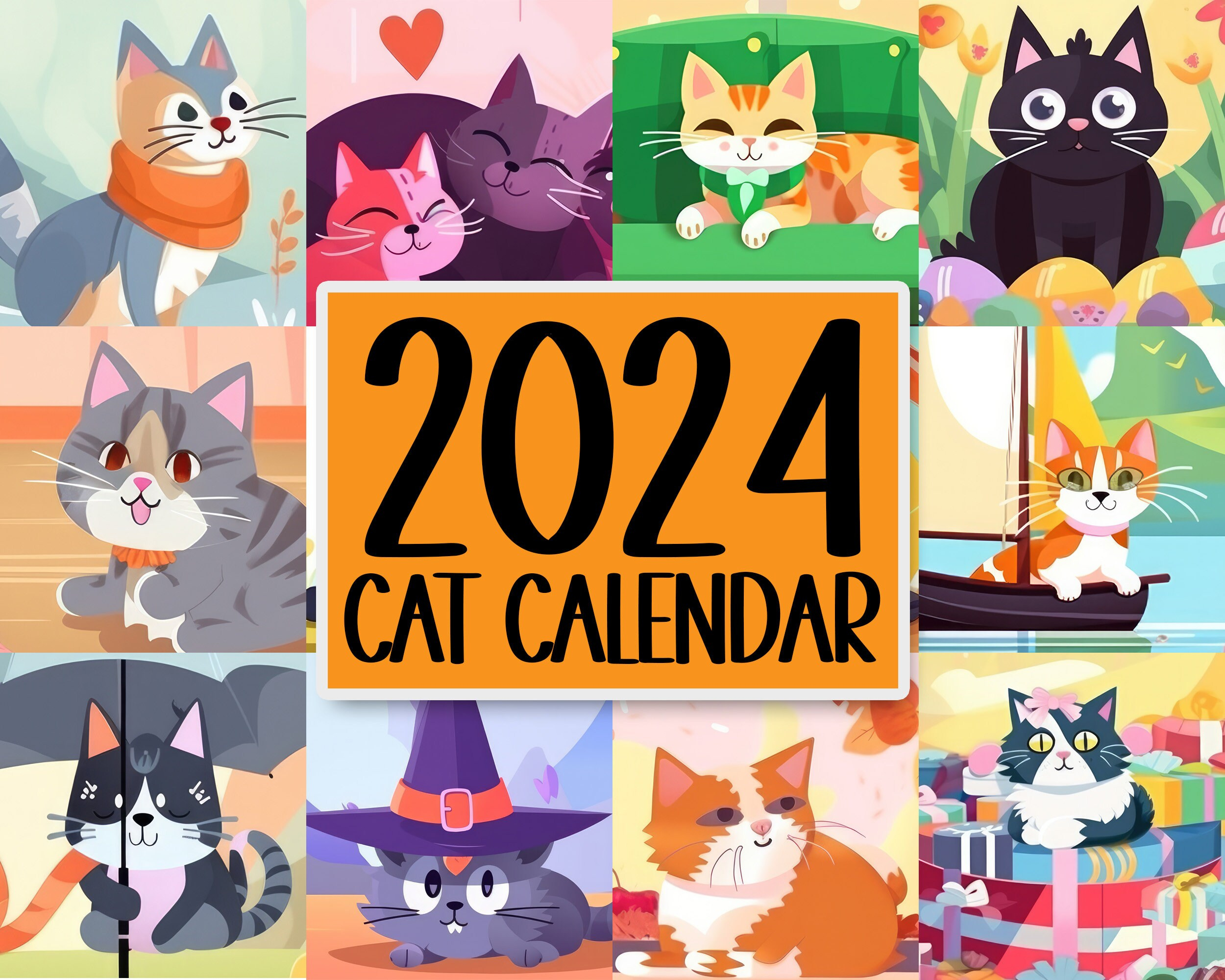 2024 Illustrated Cute Cat Calendar Printable Calendar Daily - Etsy for Free Printable Cat Calendar 2024