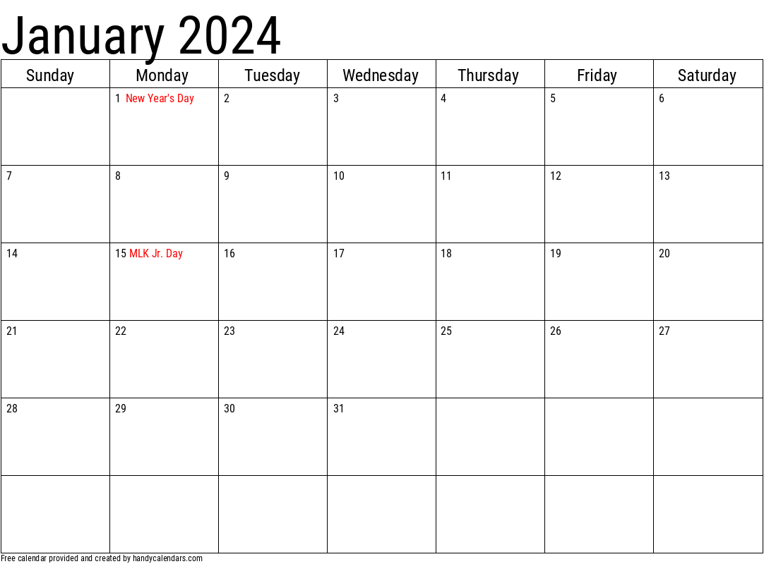 2024 January Calendars - Handy Calendars for 2024 Monthly Calendar With Holidays Printable