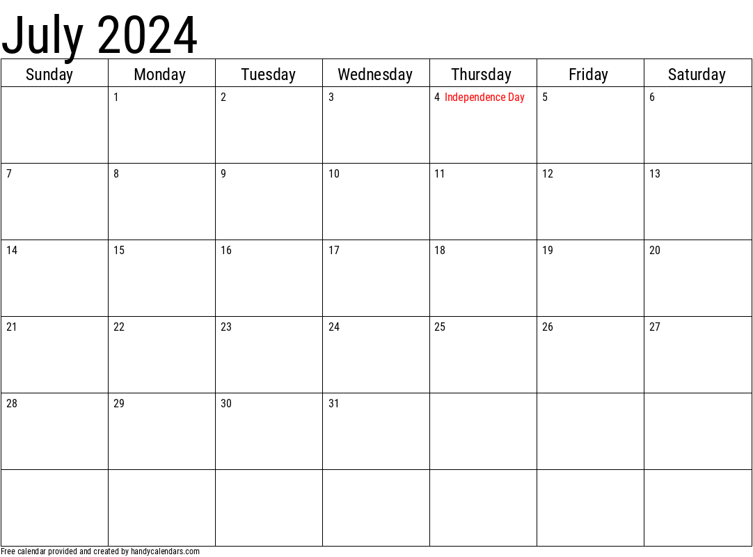 2024 July Calendars - Handy Calendars for July 2024 Calendar With Holidays Printable Free